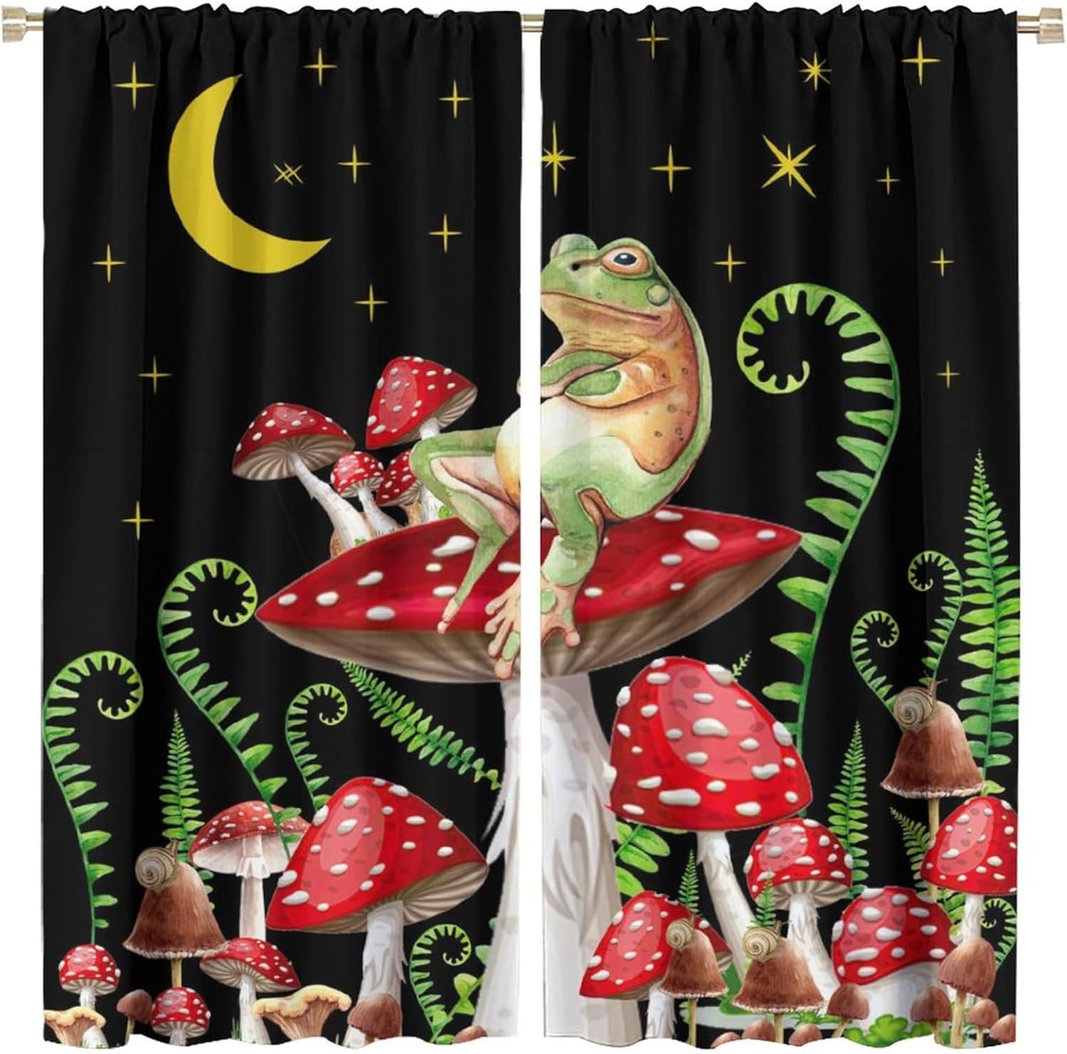 Mushroom Boho Blackout Window Curtains, Cute Frog Retro Mushrooms Wildflower Moon Stars Animal Curtains, for Living Room Bedroom 21(W)*45(L) 2 Panels