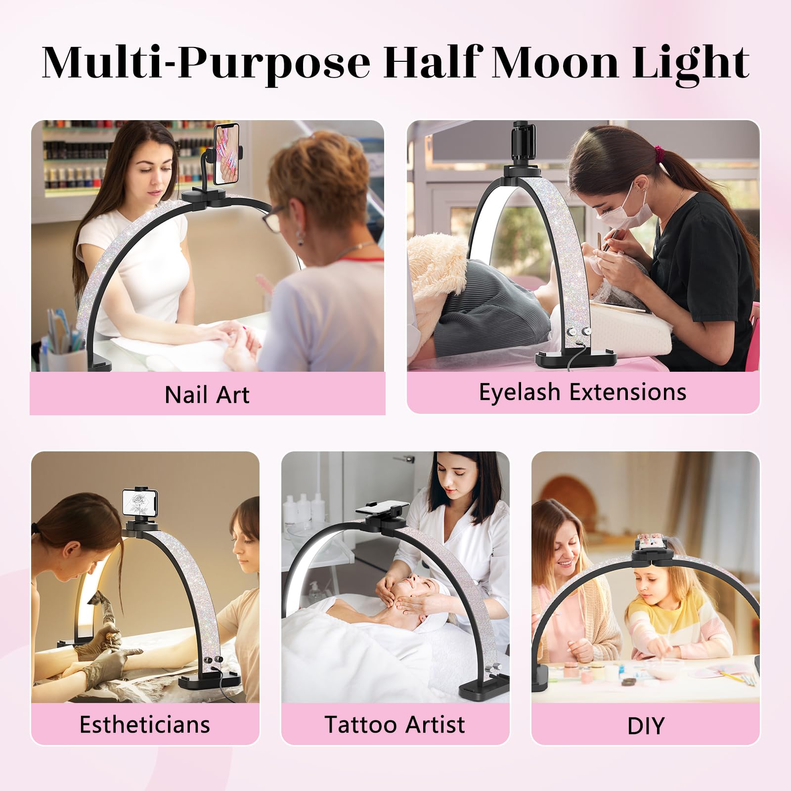 Half Moon Light for Nail Tech: 31 inch Lash LED Lamp with Phone Holder - 48W Foldable Arch Lights for Eyelash Tech - Manicure Handicraft Lighting for Spa,Salon: Black