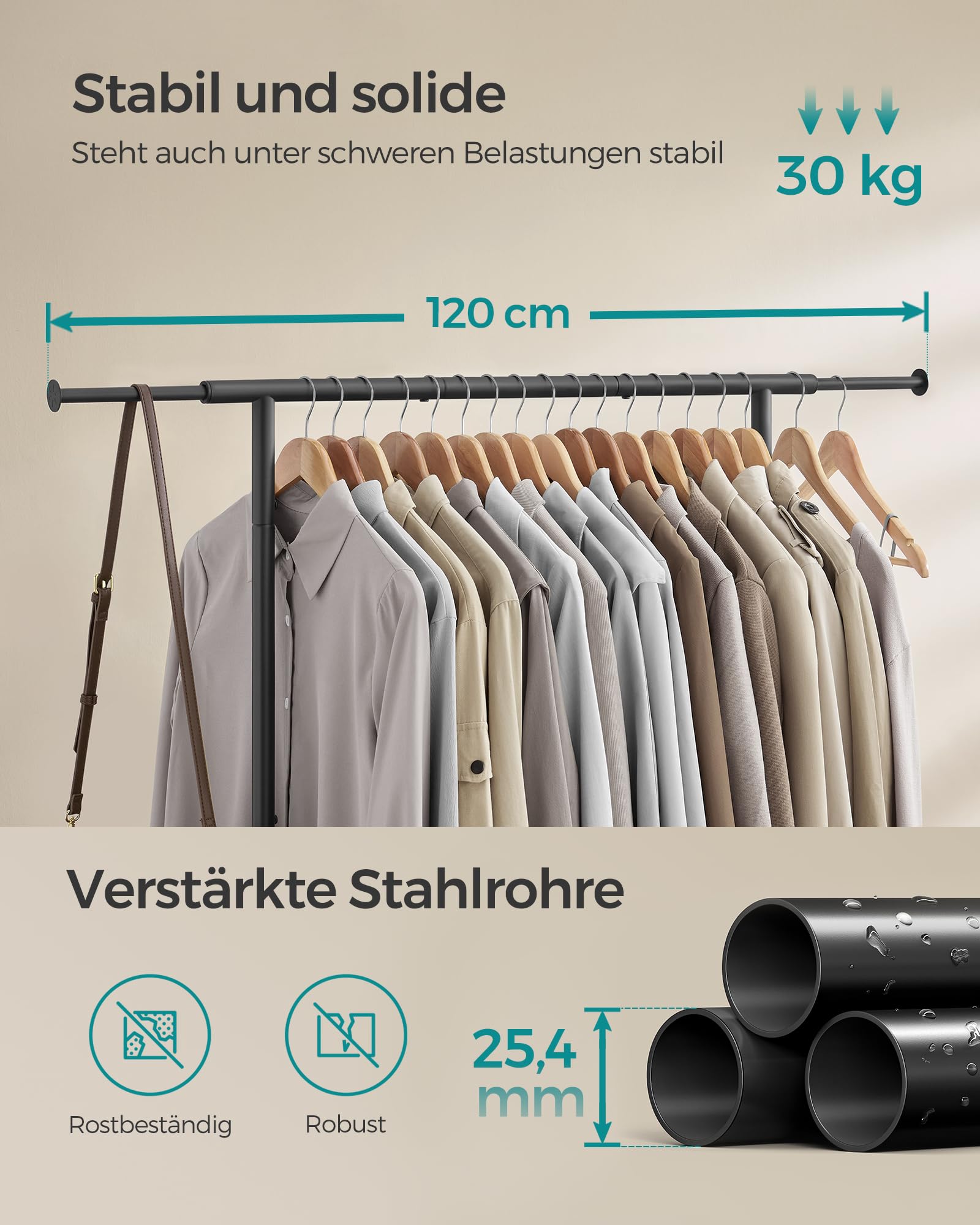 SONGMICS Kleiderständer auf Rollen, ausziehbare Kleiderstange, Garderobenständer aus Stahlrohren, erhöhte Ablagestange, 40 x (83-120) x 156 cm, tintenschwarz HSR134B01