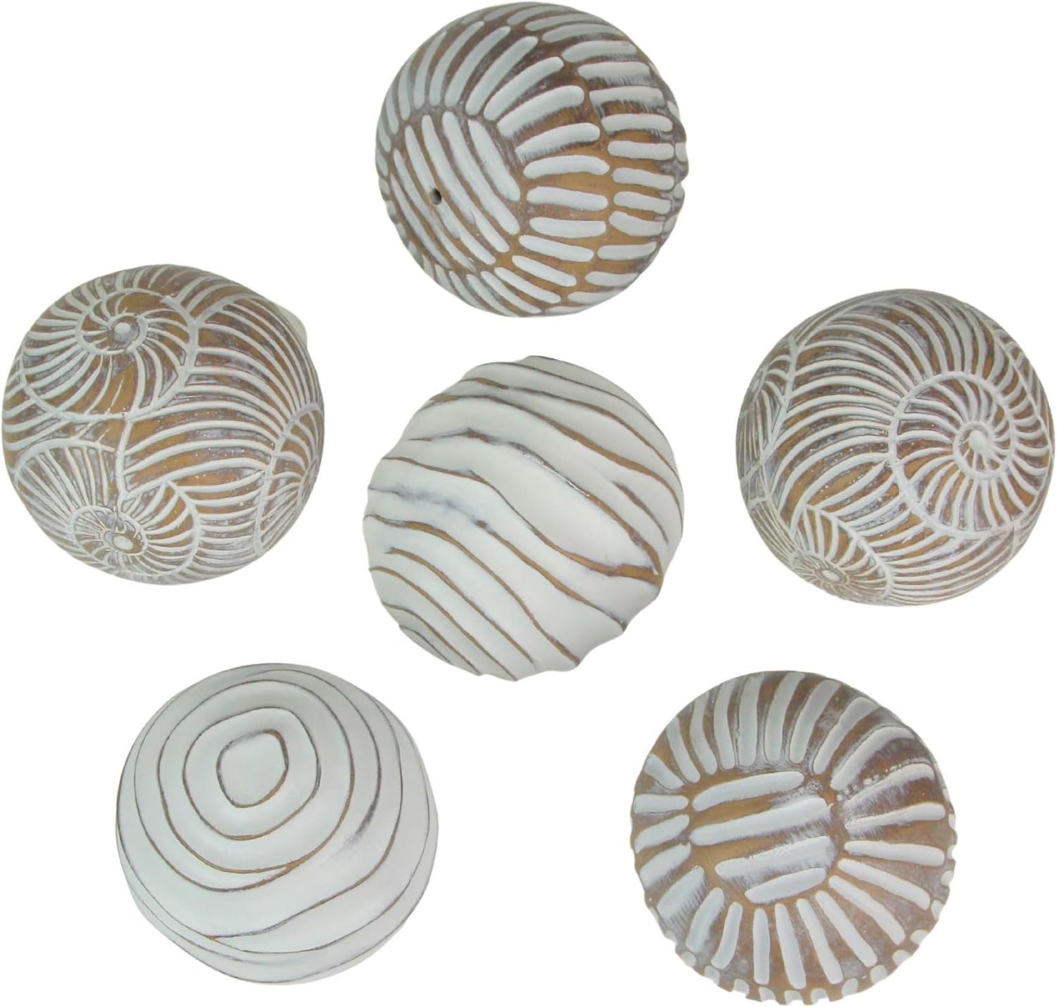 Mayrich Company Set of 6 Whitewashed Resin Decorative Art Orbs – Rustic Carved Wood Look Geometric Spheres, 3 Inches in Diameter – Perfect for Tabletop Displays, Centerpiece