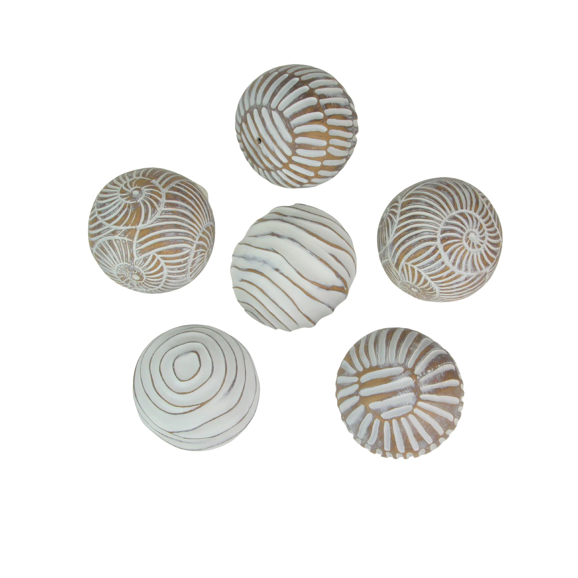 MayRich Company Set of 6 Whitewashed Resin Decorative Art Orbs – Rustic Carved Wood Look Geometric Spheres, 3 Inches in Diameter – Perfect for Tabletop Displays, Centerpiece