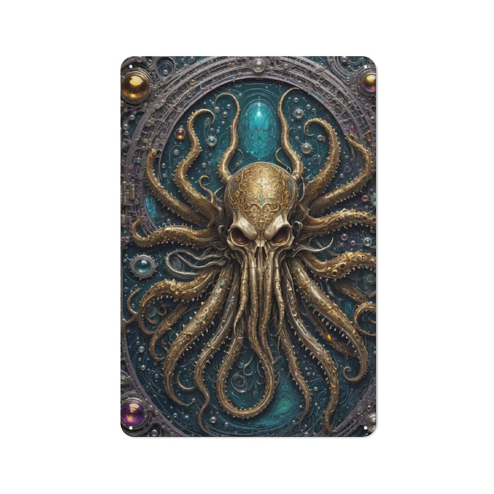 Junmoney Steampunk Golden Kraken Tin Sign 30X20cm With For Home Bar Wall, Rustic Decor, For Kitchen, Dining Room And Home Bar Wall Decor