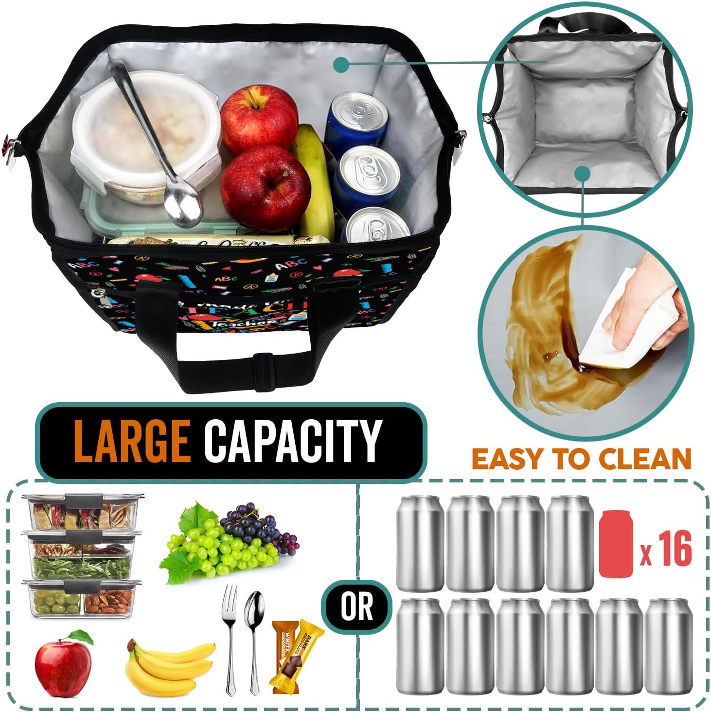 84hoods Large Lunch Bag for Women. Gift for Teachers. Insulated Lunch Box for Work Office Travel Picnic with Adjustable Strap. Made to Teach. - Image 2