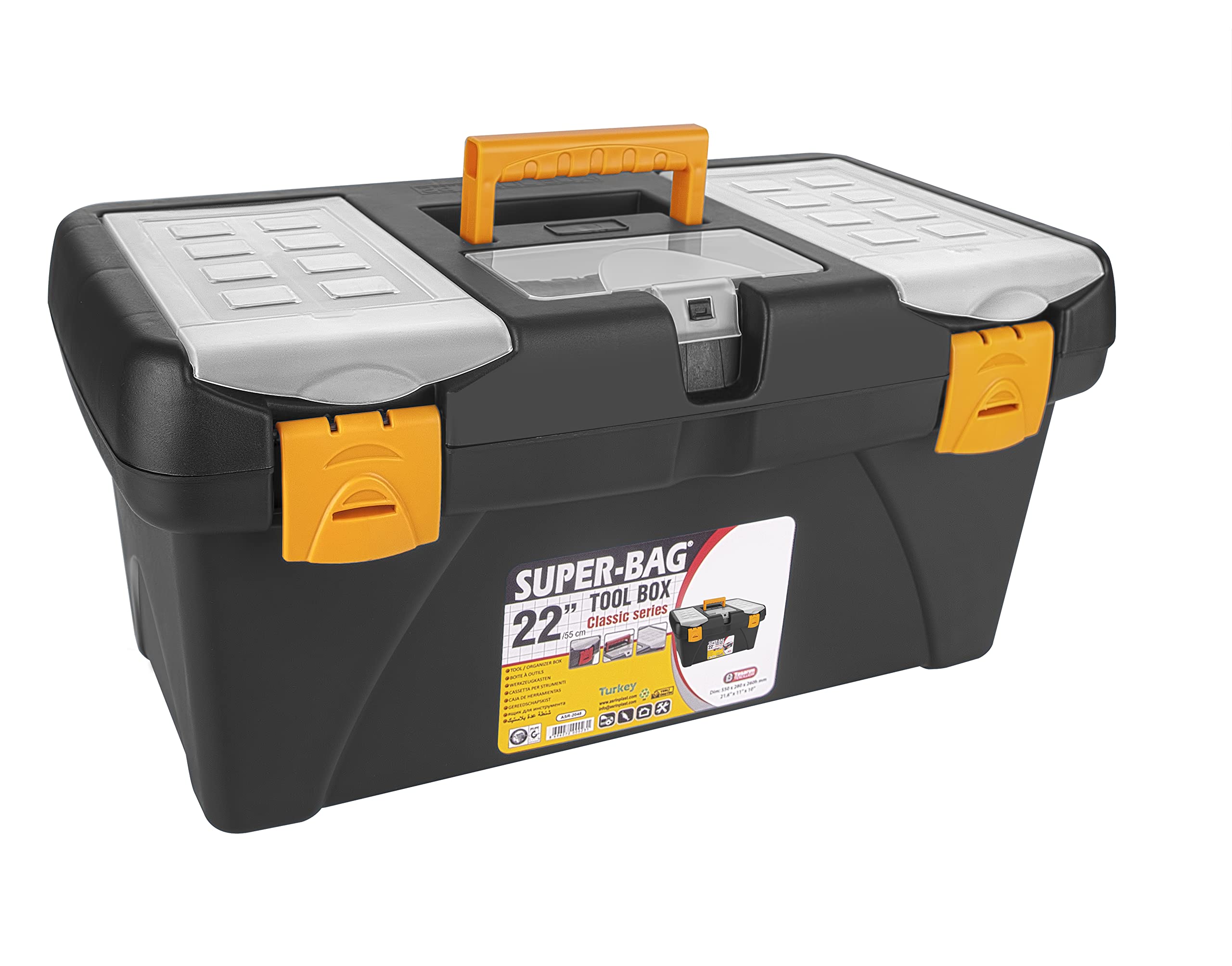 SUPER-BAG Super Bag Power Tool Box Standard Plastic Tool Box Organizer ASR2048 22 Inch 550X280X260h mm Orange Black Made in Turkey