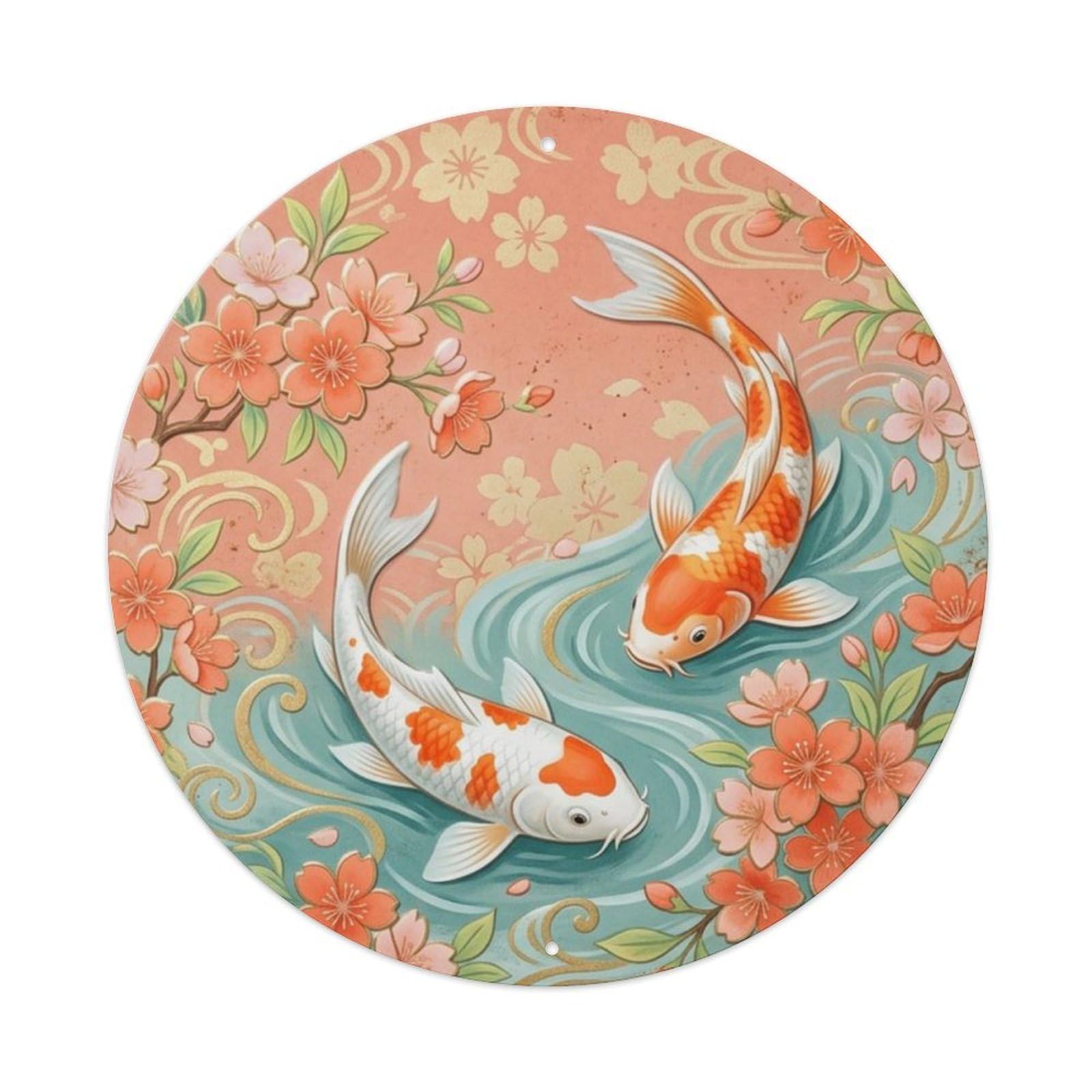 Fqcyn Style Koi Fish Coral Blossom Spring Entryway Metal Tin Sign Plaque Wall Decor For Cafe, Club Bar, Office, Home Garden Round Metal Poster 8X8inch