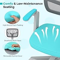 Vista 63 de GLACER Silla de escritorio para niños, silla de estudio giratoria de malla ajustable con ruedas, brazos, silla ergonómica para computadora con Verde