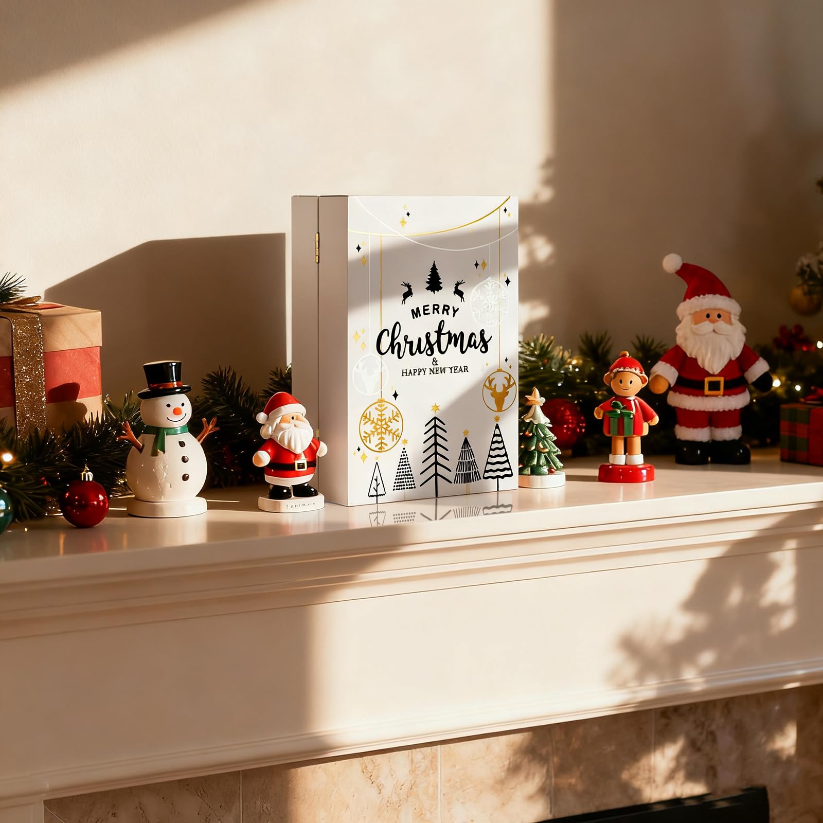 Holz Weiß Adventskalender mit Schubladen, Wiederverwendbarer Adventskalender mit Lichtern, Leere Boxen zum Befüllen, Dekorativer ausklappbarer Holzkalender für Kinder Weihnachten Deko 24 leere