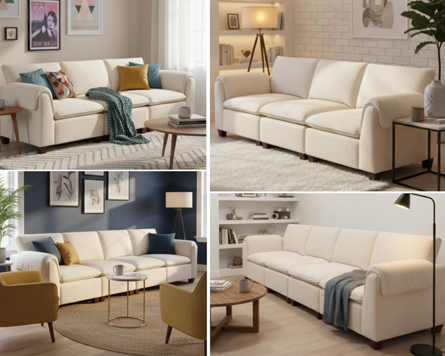 VESCASA Modern Sectional Sofa, 85 Inch Modular Cloud Couch 3 Seat with Waterfall Armrest Cushion Back for Living Room Apartment, Lounge, White Chenille