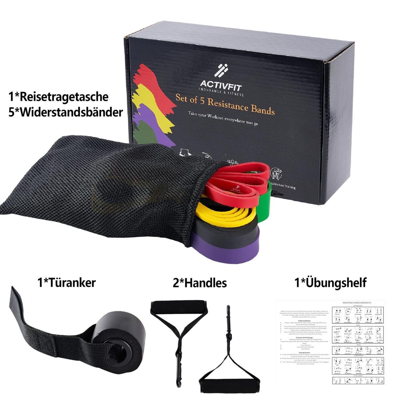 Bandas de resistencia – Juego de 5 bandas de resistencia – Pull Up Band & Klimmzugband para entrenamiento de fuerza, entrenamiento, estiramiento, terapia física, entrenamiento muscular