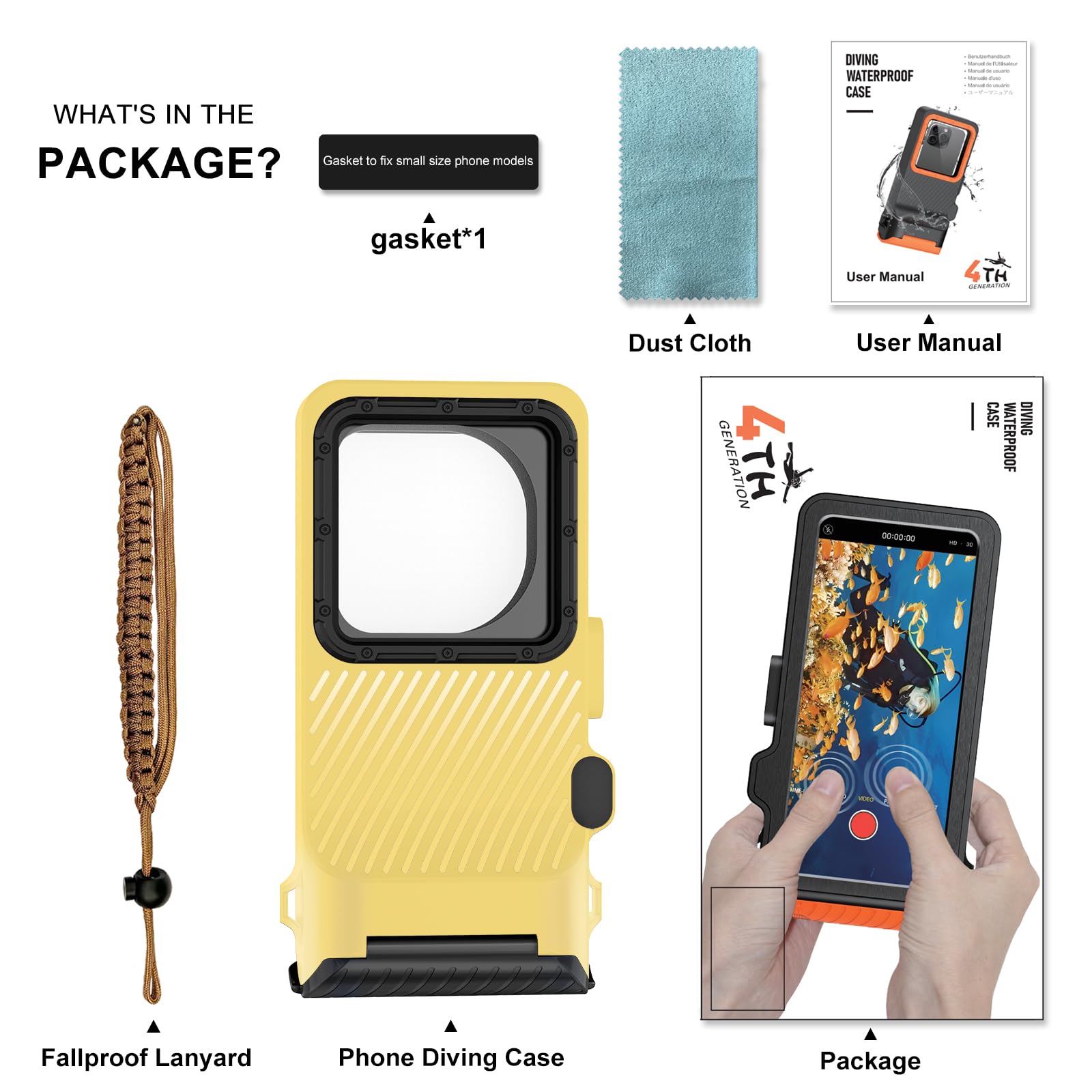 Funda impermeable para teléfono para esnórquel y buceo (10 m), IP68 impermeable, funda rígida para natación, funda universal para pantalla táctil subacuática compatible con iPhone (amarillo, funda de