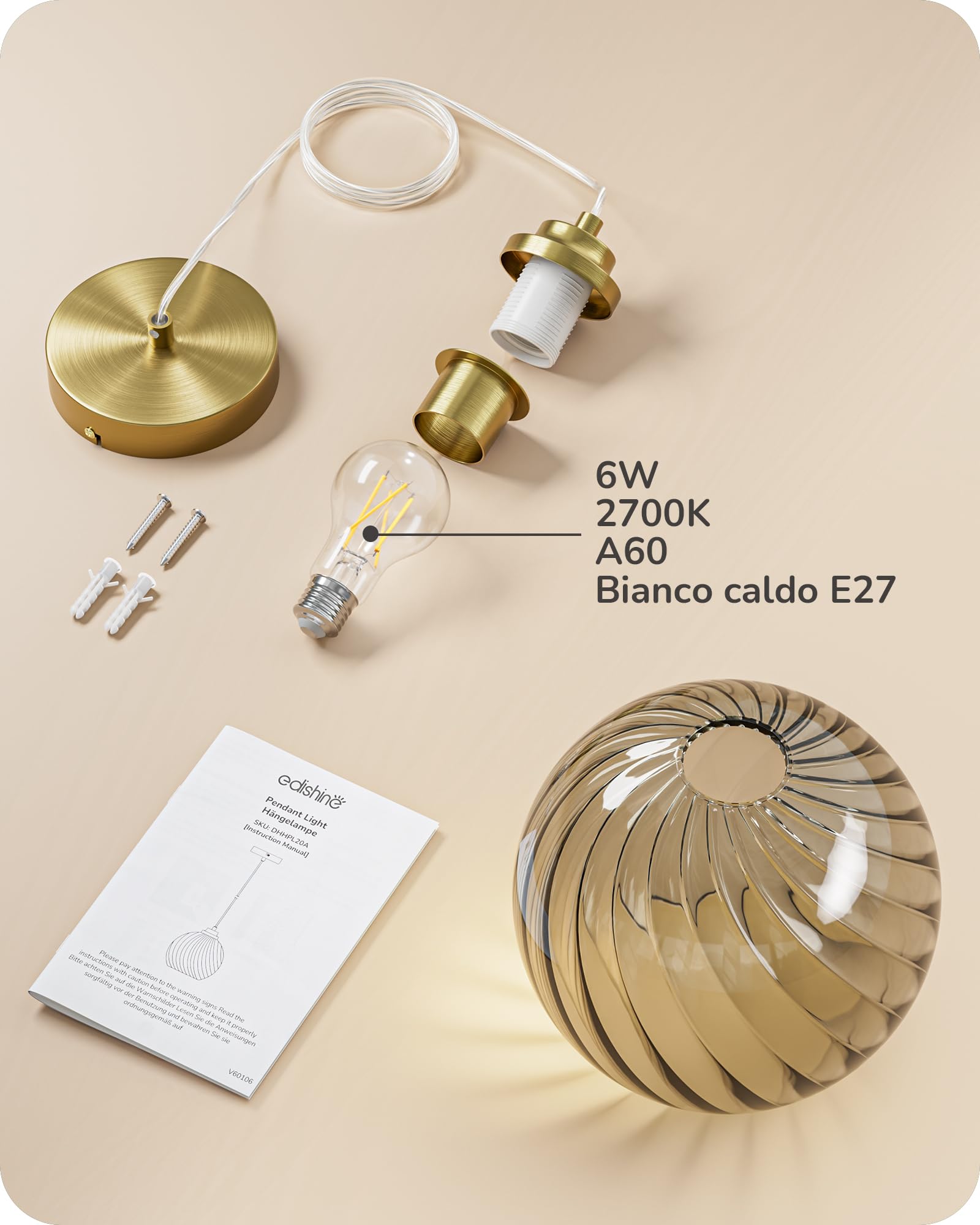 EDISHINE Lampada Sospensione Vetro Ondulato, Grigio Fumo, Regolabile 1,5 m