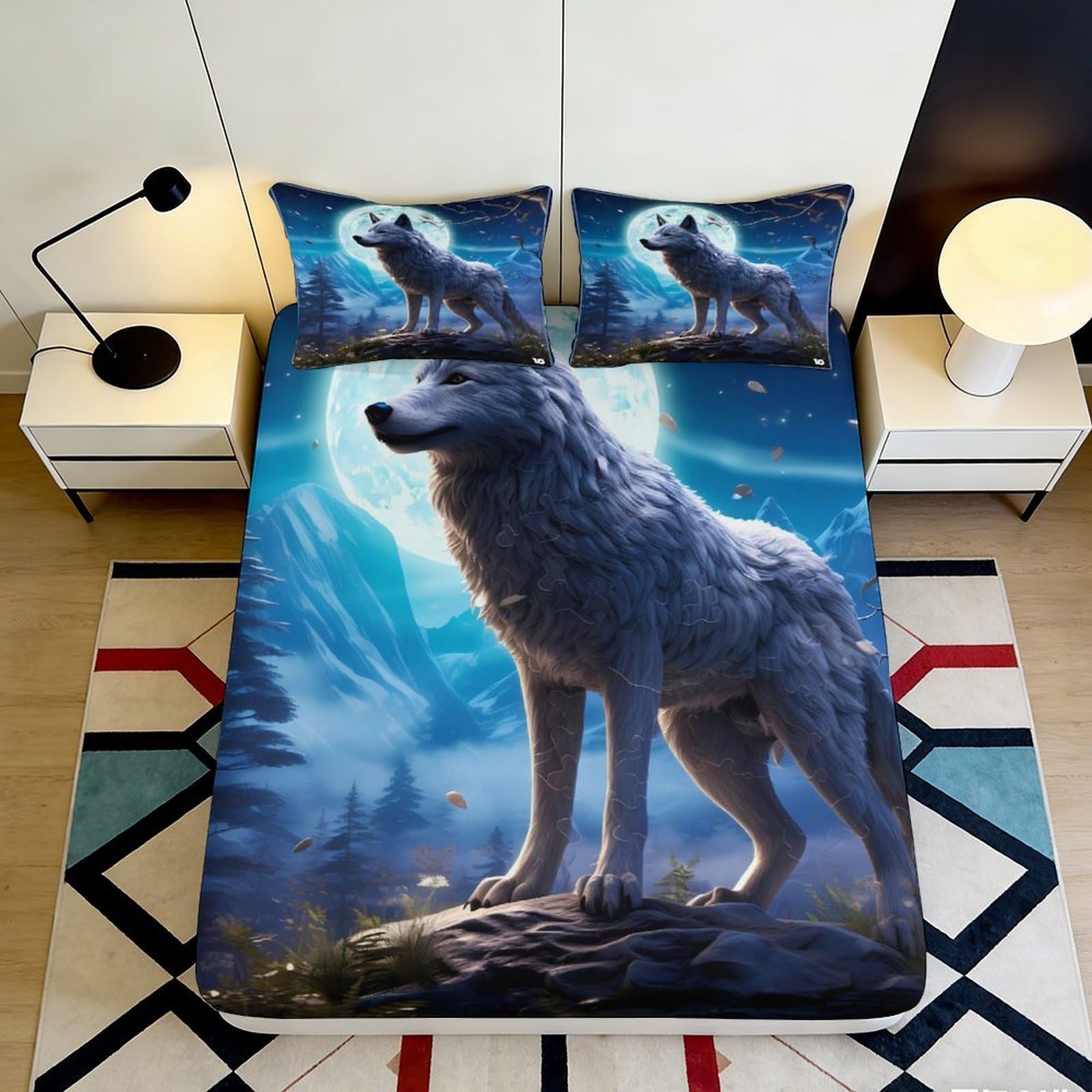 3D Printed Wolf Moon Fitted Sheet Microfiber Soft Breathable Night Scene Bed Cover for Bedroom Dormitory Guest Room Mattress Protection Decor 180x200x25cm