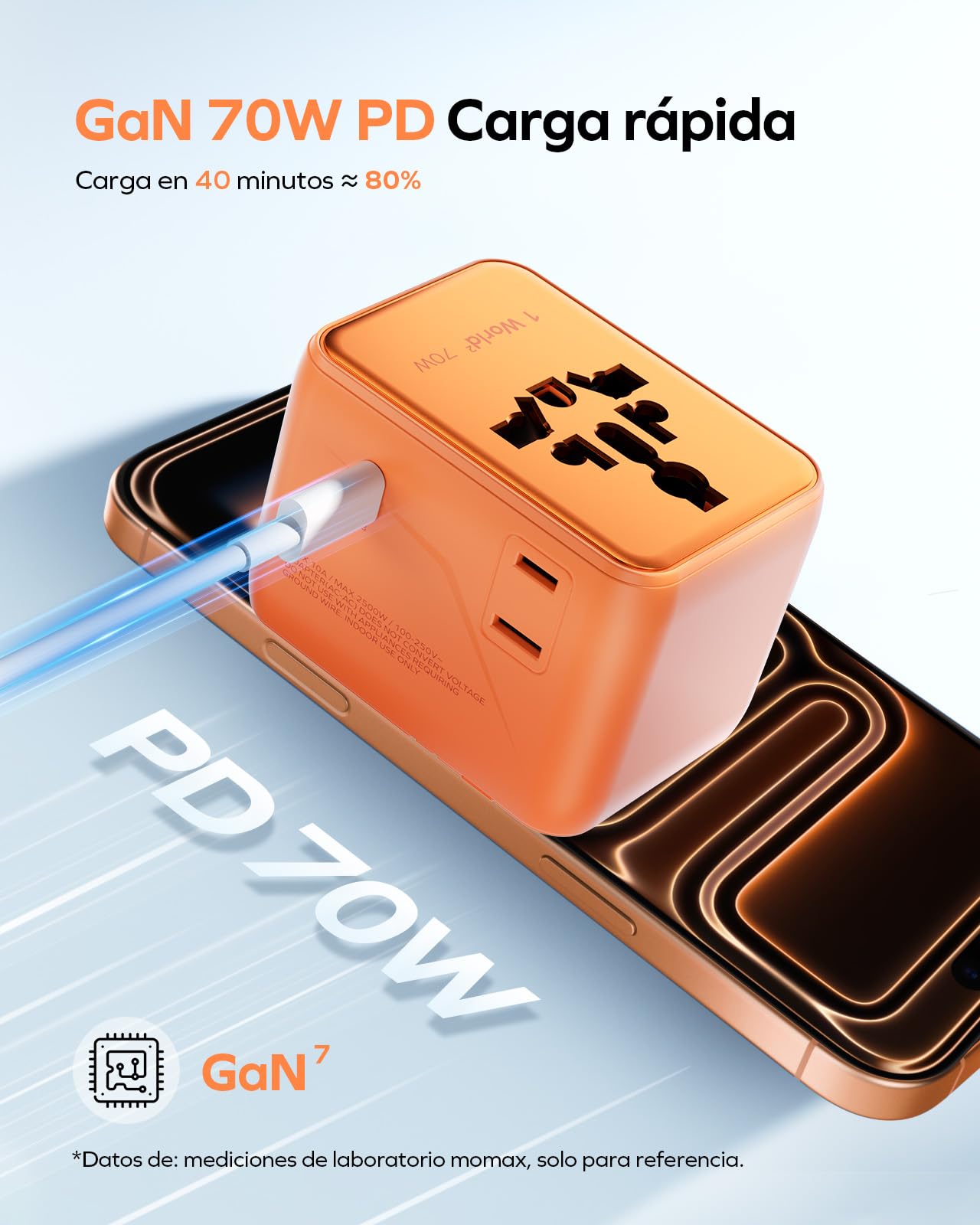 MOMAX Adaptador Enchufe Universal,70W GAN Enchufe Universal con 2 CA 3 USB C y 2 USB A, Adaptador Universal Enchufe Viaje, Adaptador de Viaje para Inglaterra, EE. UU., Japón, Tailandia y Australia