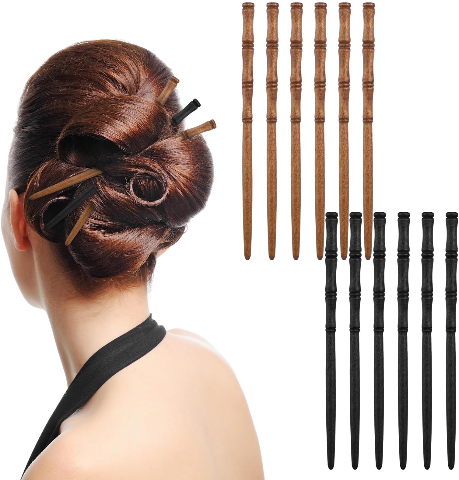 12Pcs Wooden Hair Chopsticks, Mabor Bamboo Shape Hairpins for Long Hair Vintage Brown and Black Elegant Sticks for Girls Women Styling Accessories
