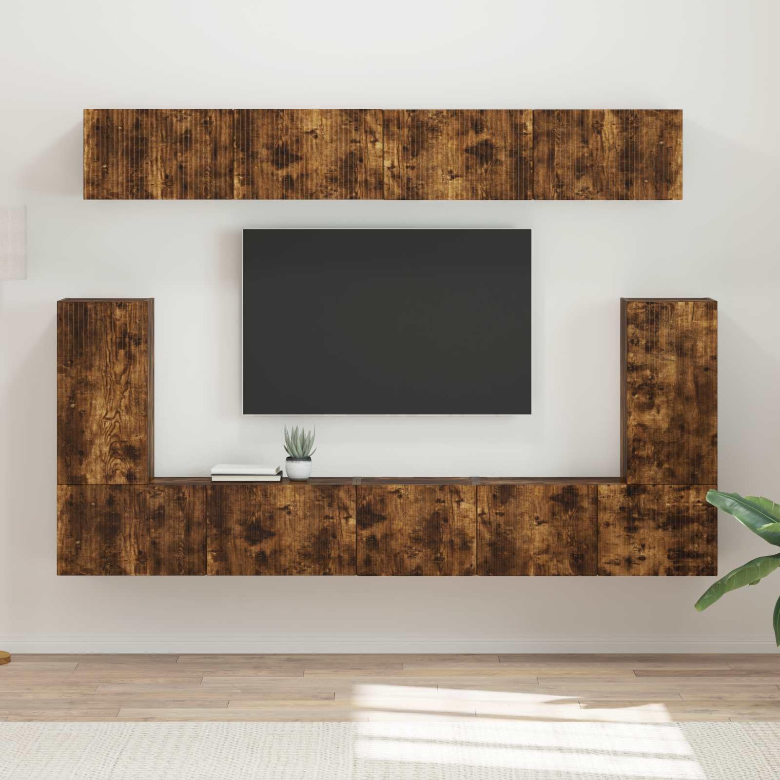 TV-Schrankset 5-teilig, Geräucherte Eiche Holzwerkstoff, Wandmontage, Modernes Media-Center für Wohnzimmer, Vielseitiger Stauraum, 98 x 31 x 29,5 cm