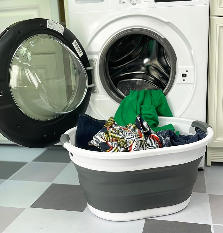 Collapsible Plastic Oval Laundry Basket - Foldable Pop Up Storage Container/Organizer - Portable Washing Tub - Space Saving Hamper/Basket (White/Steel Grey, 32L)