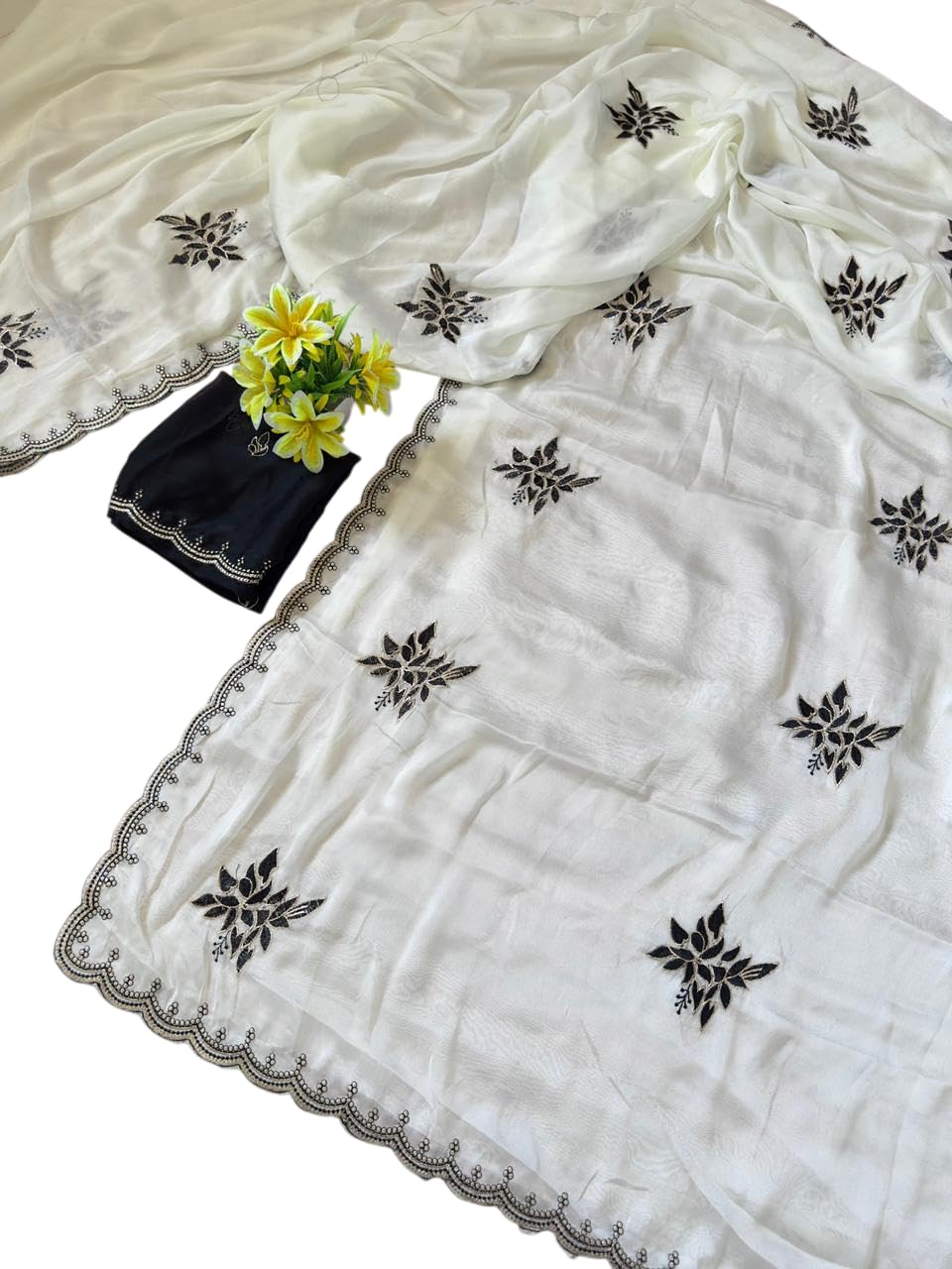 Star Georgette With Siqvence Embroidery Work With Cream & Black Thread Work With Thread Work Blouse Piece-image-36