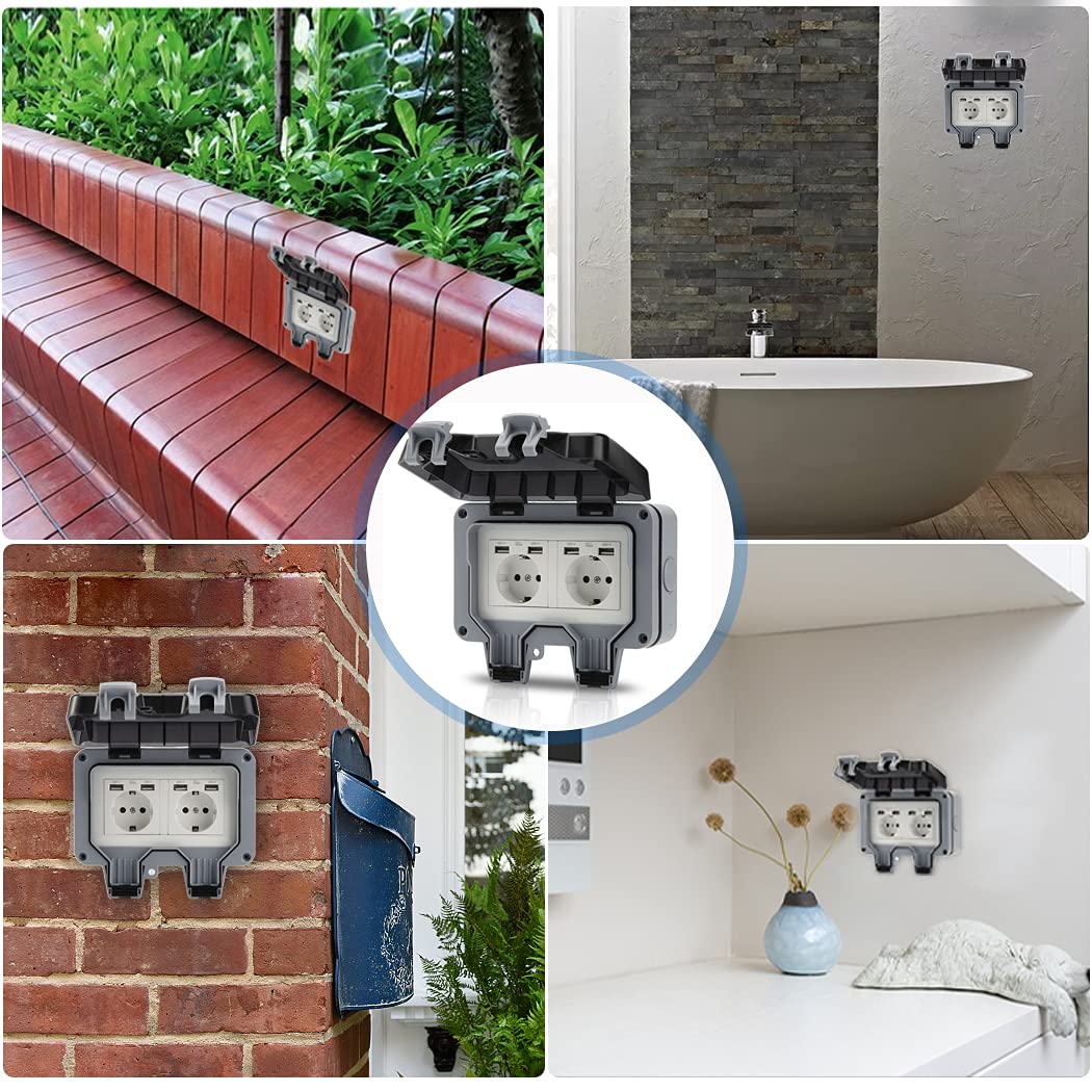 Enchufe exterior con puertos USB, enchufe de jardín, impermeable, IP66, contacto de protección con tapa abatible