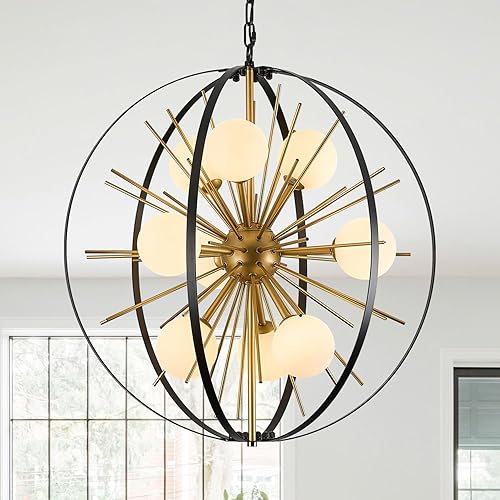 Miniatura 10 de Lámpara de araña moderna de 12 luces, grande, negra y dorada, estilo Sputnik de mediados de siglo, lámpara colgante de techo con forma de fuegos Oro