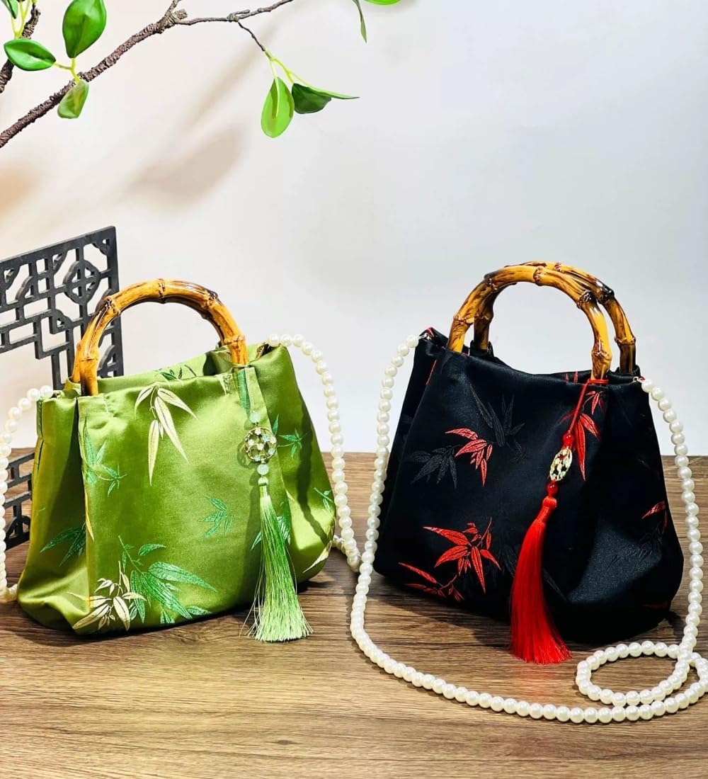 Women's Chic Cheongsam Handbag Retro Brocade Handbag Leaf Jacquard Hanfu Bag Evening Clutch With Bead Chain - Image 6