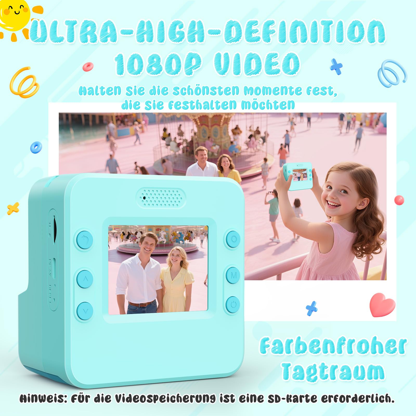 Cámara Infantil con Impresión Instantánea 1080P, 3 Rollos Y 32GB