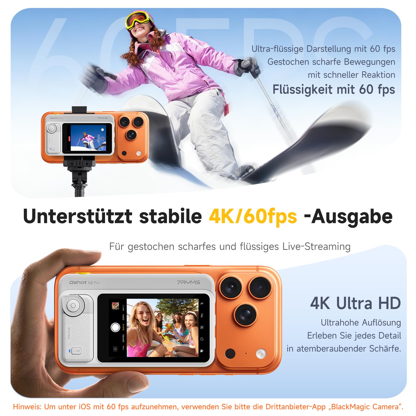 7RYMS Qshot V2 PRO Kabelloser Selfie Monitor für iPhone 17/16 & Android, Magnetischer Smartphone Rückkamera Monitors mit 4K/60fps, 50 m Reichweite, Lautsprecher, Vlog Monitor für YouTube TikTok (Weiß)