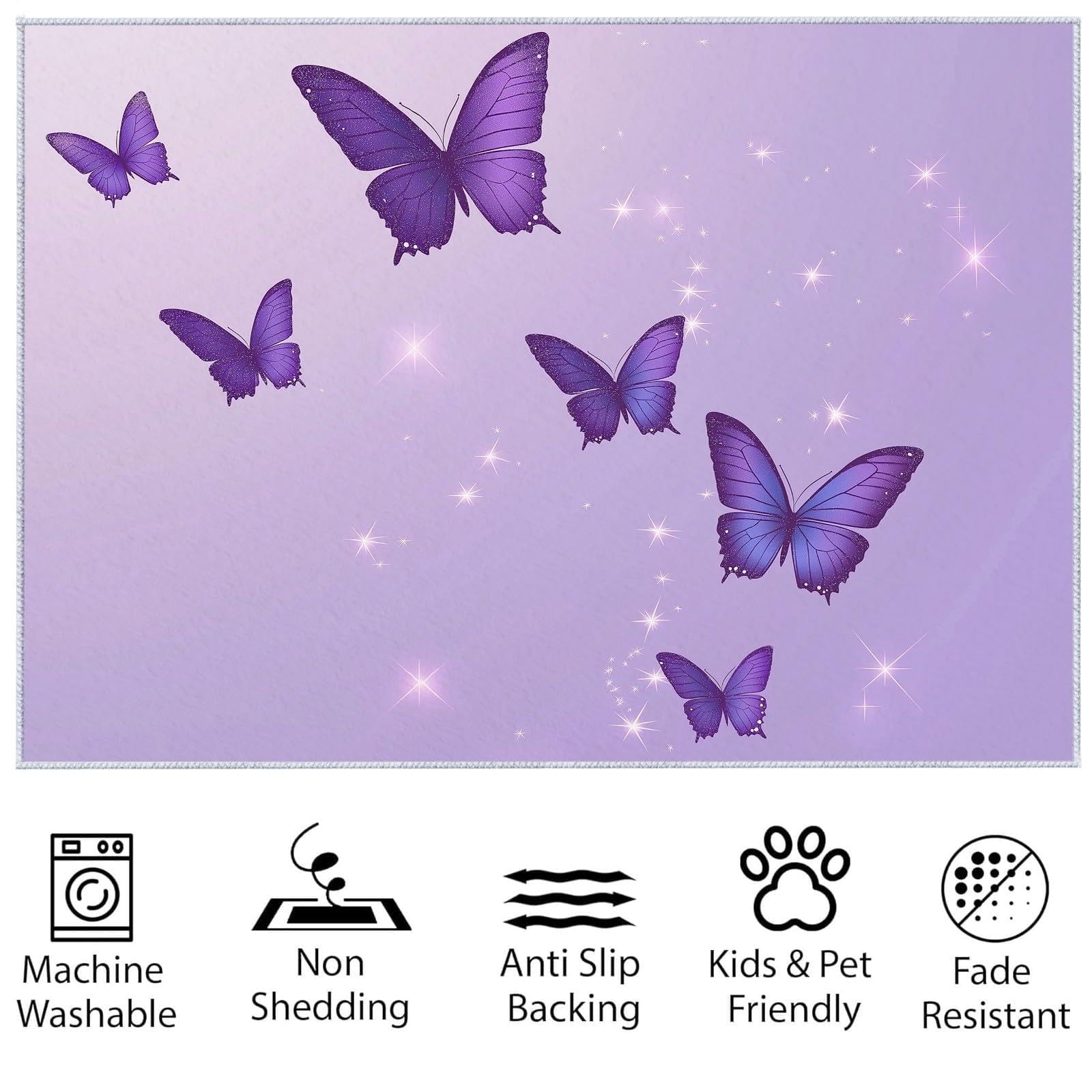 Alfombra Antideslizante Mariposa Morada Alfombra Habitación Infantil, Moderna Alfombra Lavable, Suave Alfombras de Pelo Corto para Salón, Dormitorio de Niña 100 x 200 cm