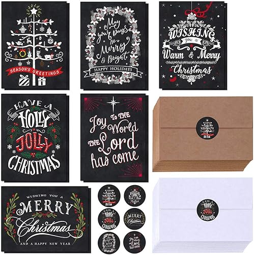 Winlyn 120 juegos de tarjetas de Navidad con sobres, calcomanías surtidas a granel, 6 diseños de pizarra de Navidad, tarjetas de felicitación