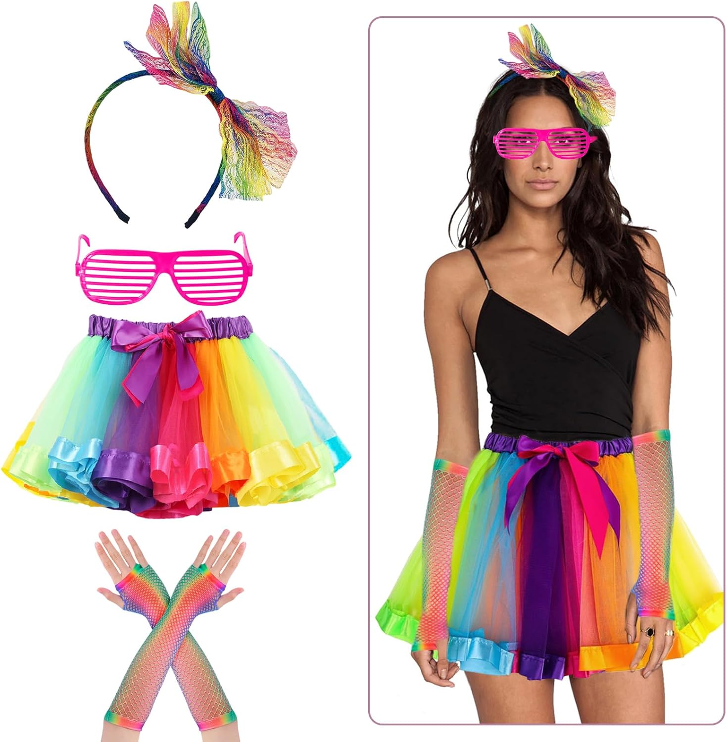 80s Fancy Dress Costumes Accessories, Women Rainbow Tulle Tutu Skirts,Gloves Headbands Neon Sunglasses for 80s Party - Image 3