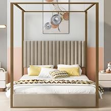 Gold Canopy Bed Frame Queen Size with Upholstered Headboard