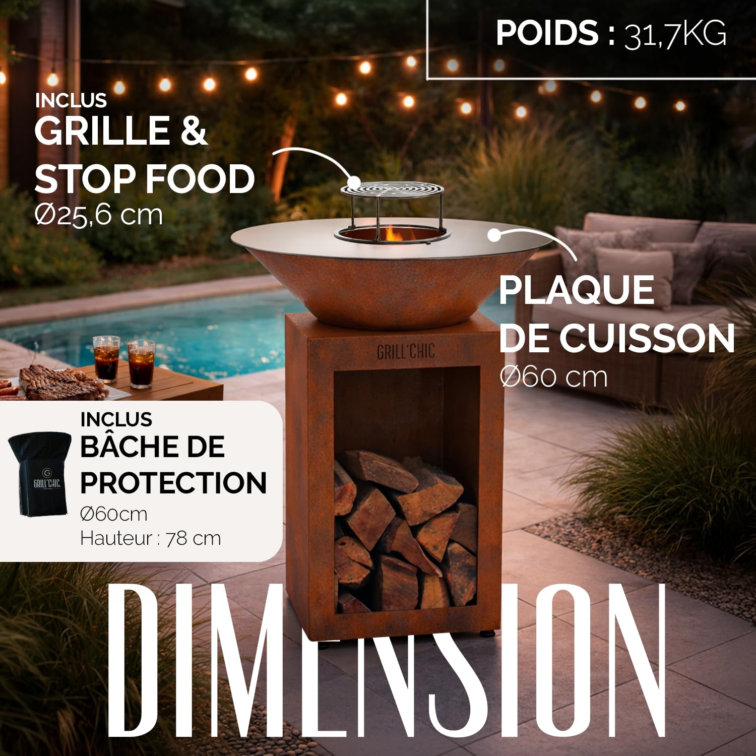 GRILL'CHIC - Pack Privilège Brasero Auvergnat Corten Bois Rond - Simple Cuve - Avec Bâche + Grille + Stop Food Inclus - À Assembler - Fabriqué en France - Ø60 x 78 cm