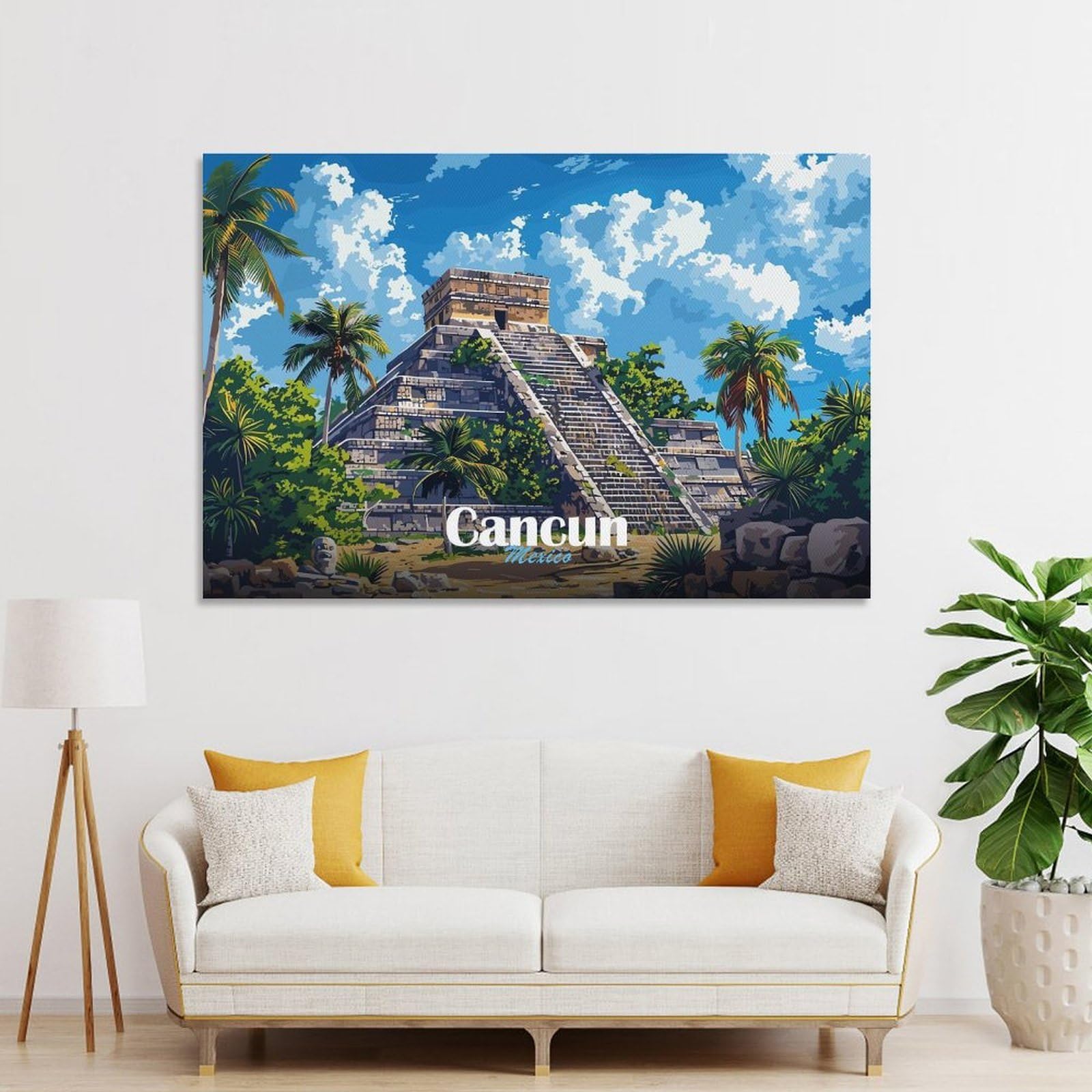 Junmoney Unframe-Style-7 Cancun Mayan Pyramid Hanging Wall Art, 20X30inch(50X75cm), For Bedroom Decor, Cosy Corners Or Studios, An Easy Wall Refresh For Bedrooms