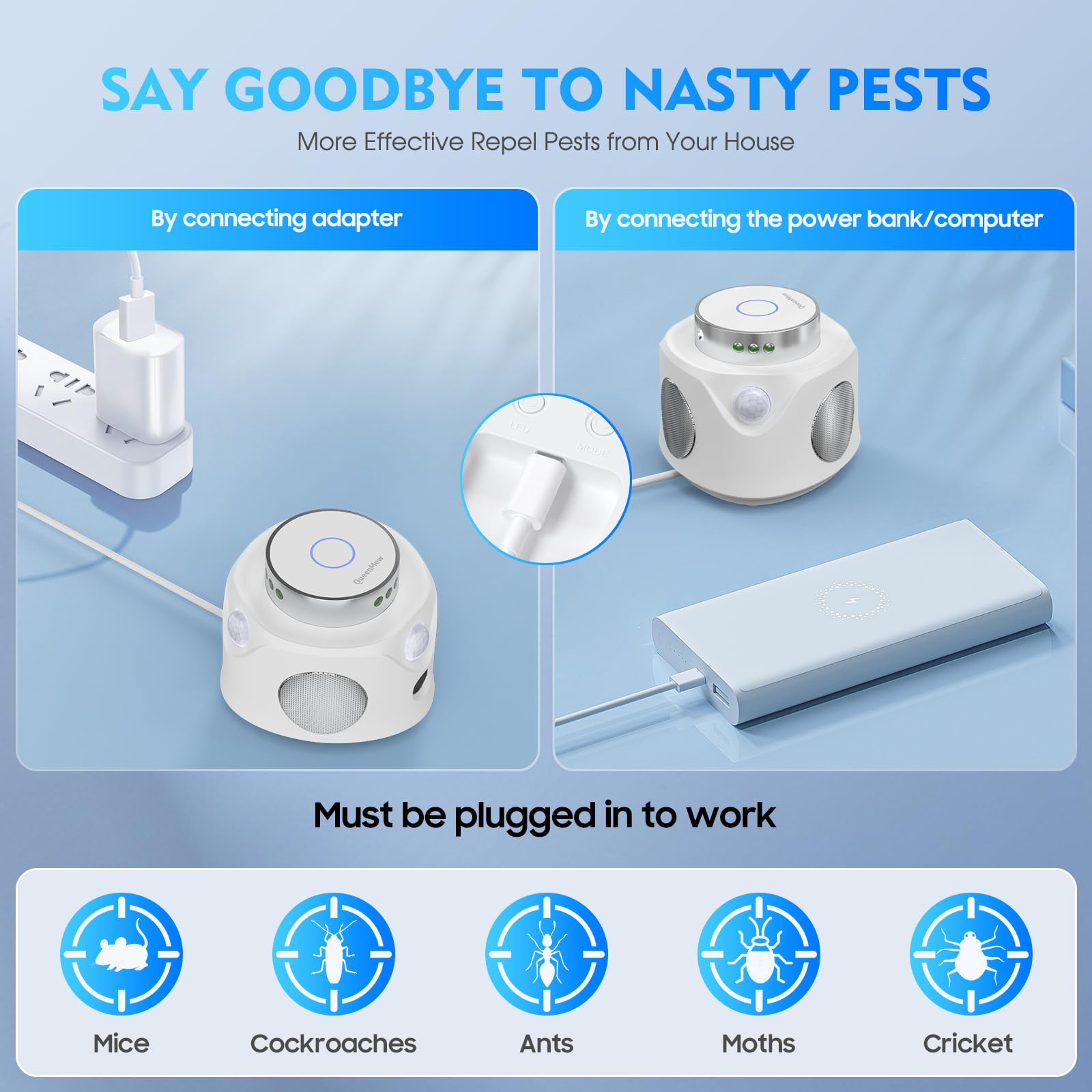 Répulsif Ultrasons Souris Rats 3 Emetteurs 3 Modes Anti Souris 9 Lumières Stroboscopiques 360° Anti Rongeurs