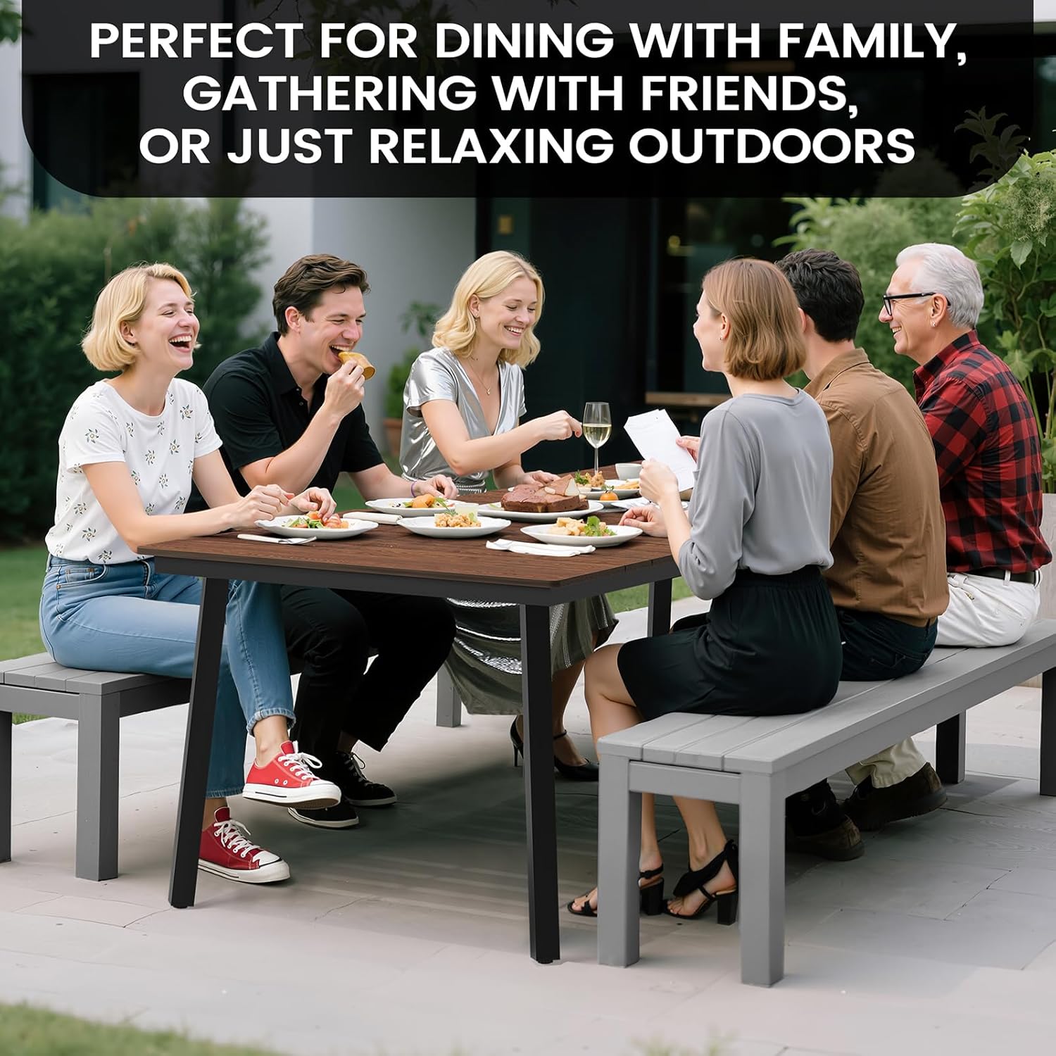 Crestlive Products Outdoor Dining Table for 6, 70' Rectangular Patio Table with Metal Frame 1.6" Umbrella Hole for Backyard Balcony Garden, Walnut