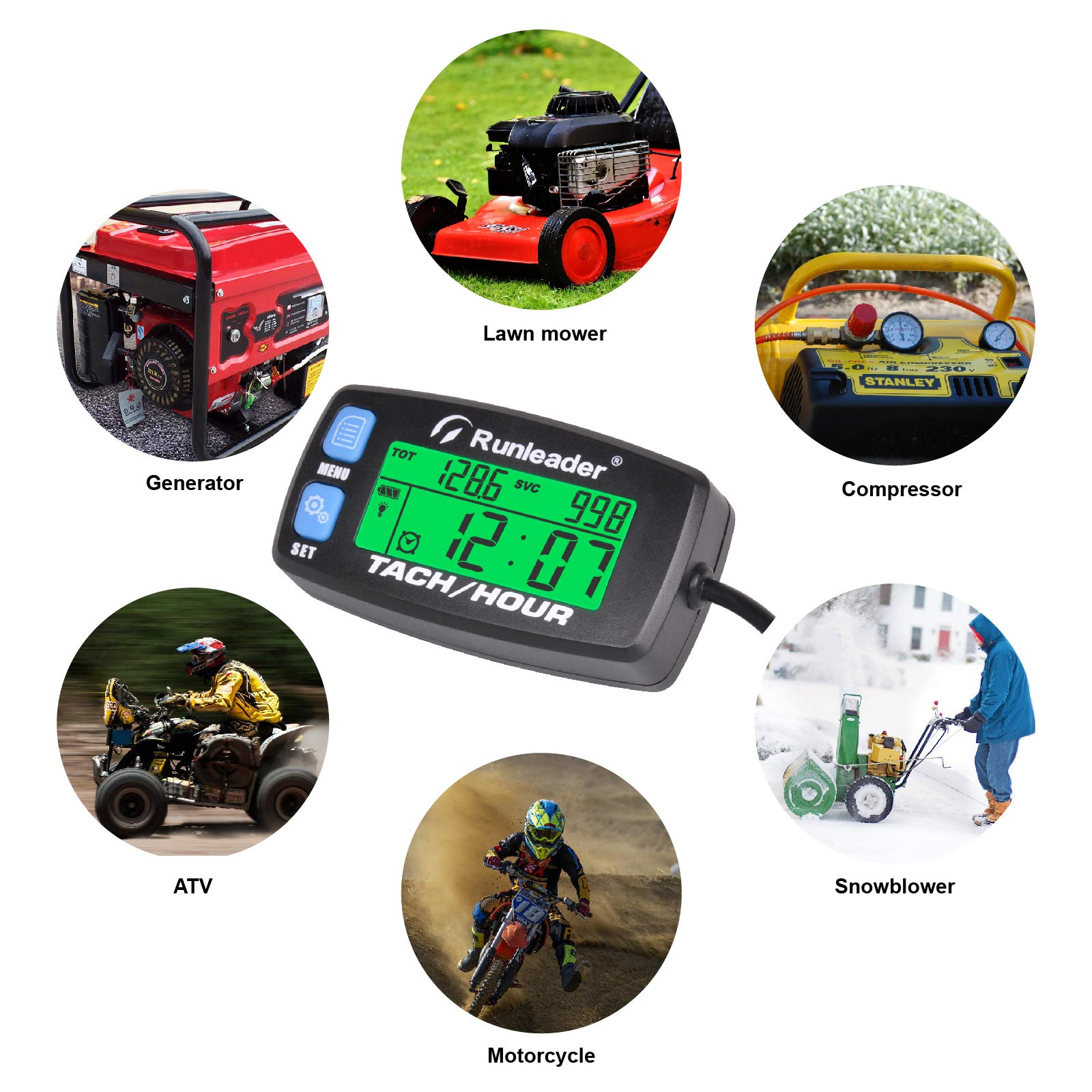 Runleader digitaler Gasmotor-Drehzahlmesser, Stunden- und Geschwindigkeitsrekord, hintergrundbeleuchteter Betriebsstundenzähler, wechselbarer Akku für Aufsitzmäher, Generator, Kompressor