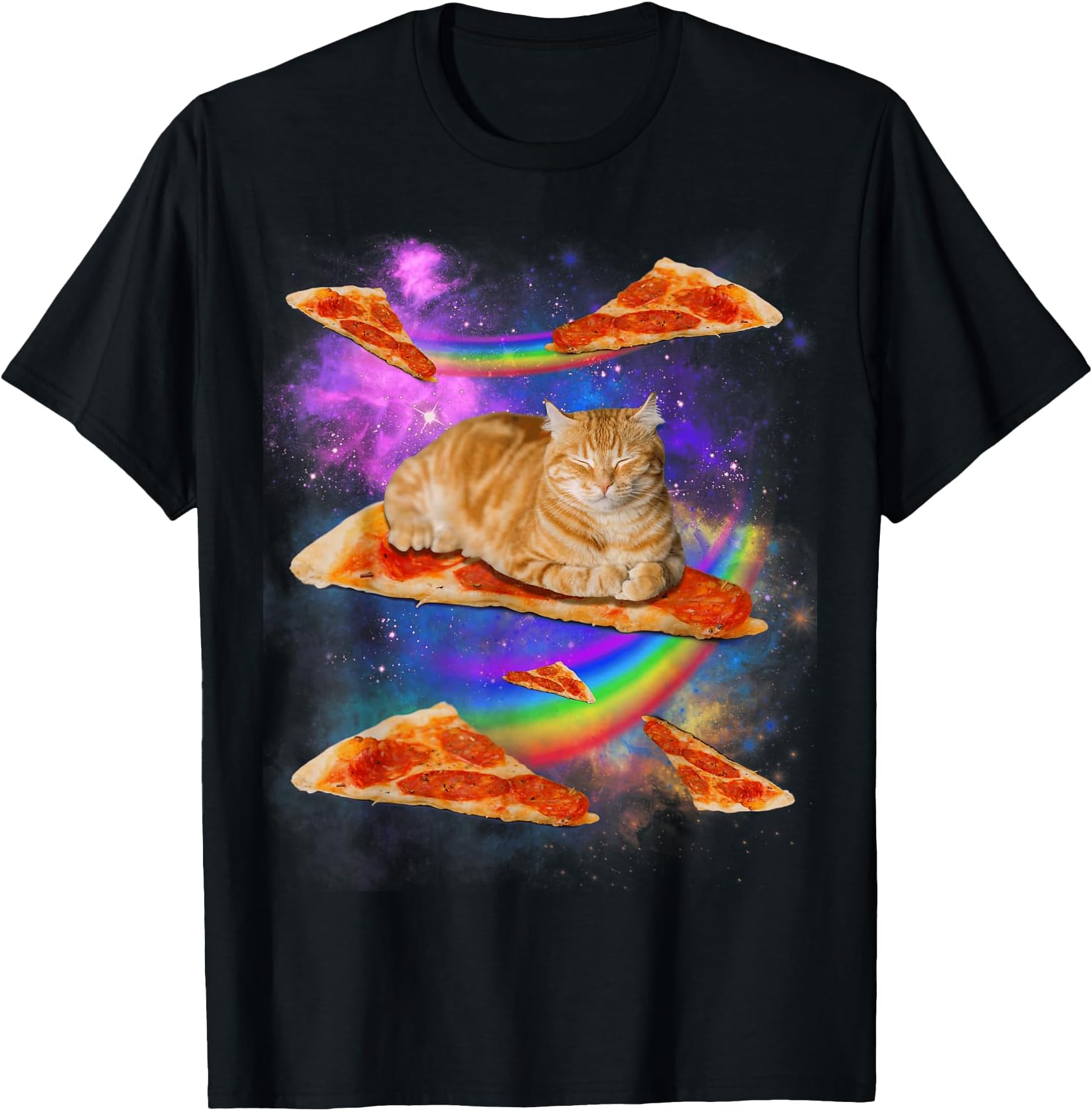Funny Galaxy Cat in Space, Cat Riding Pizza T-Shirt