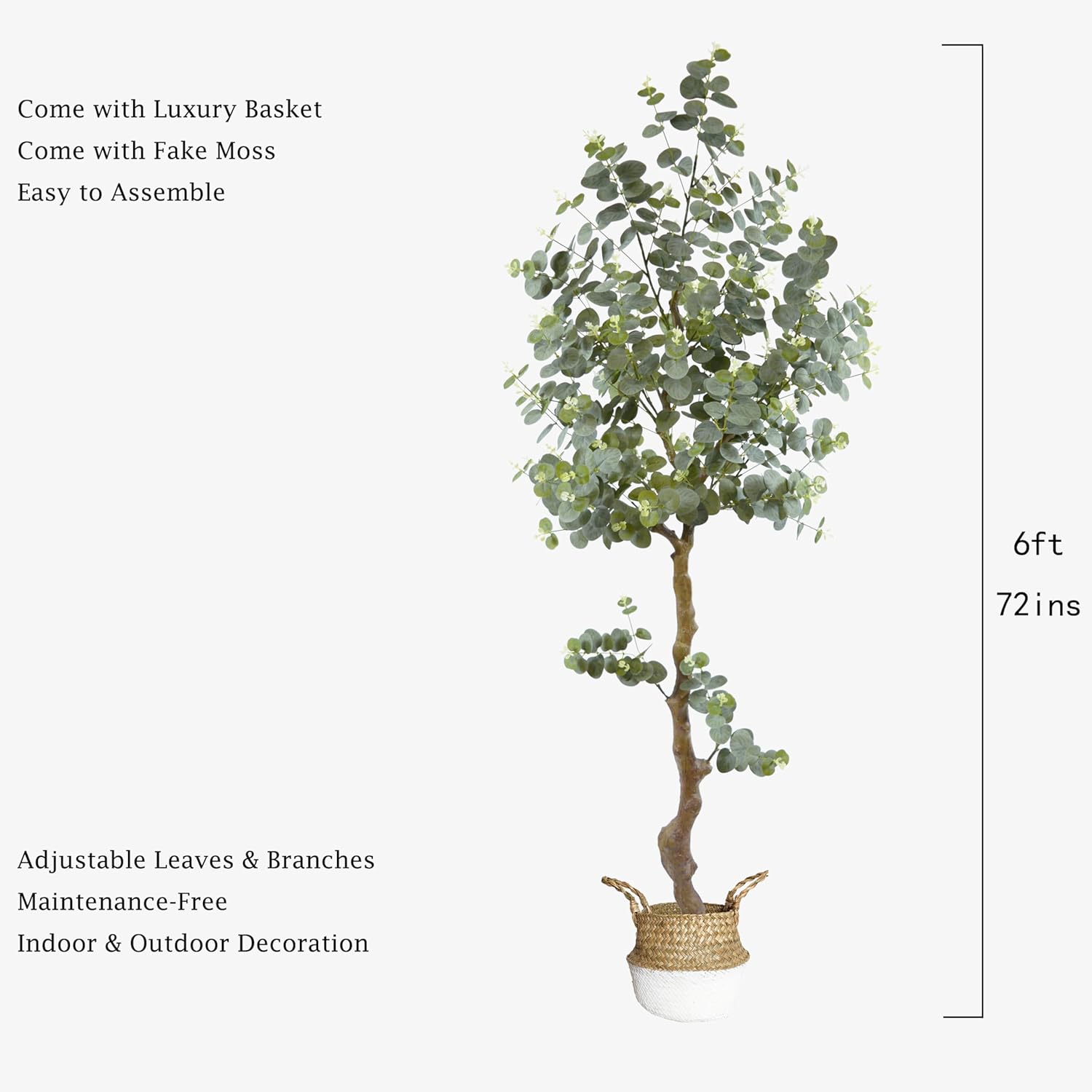 Artificial Eucalyptus Tree 6ft, Faux Plant with Basket, Fake Eucalyptus Trees with White Silver Dollar Leaves, Faux Potted Plants for Home Office Decor Indoor Outdoor - Image 3