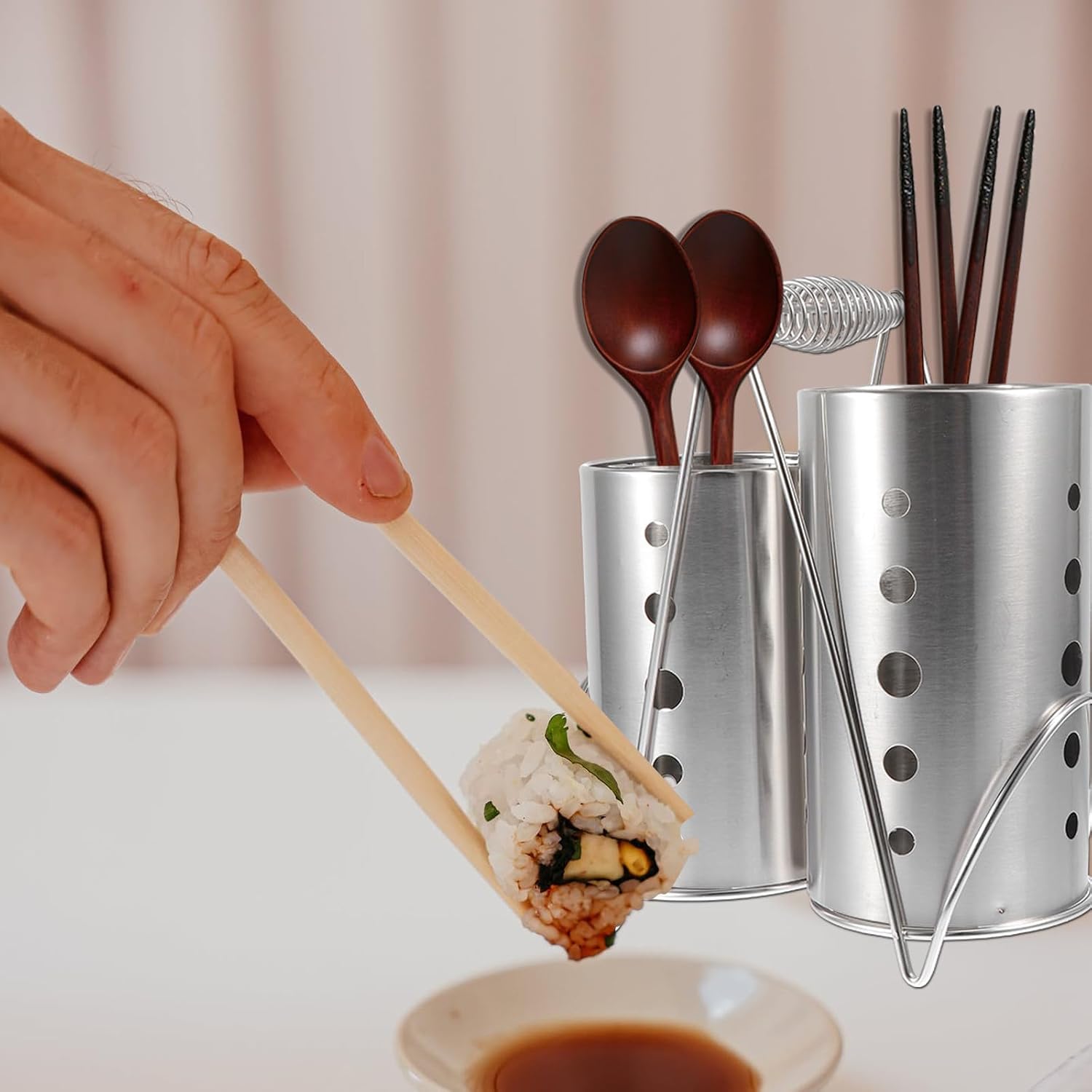 LABRIMP Stainless Steel Chopsticks Drain Holder and Utensil Crock Set with Simple Design, Silver Kitchen Organizer Suitable for Tableware and Spoons in Restaurants and Hotels