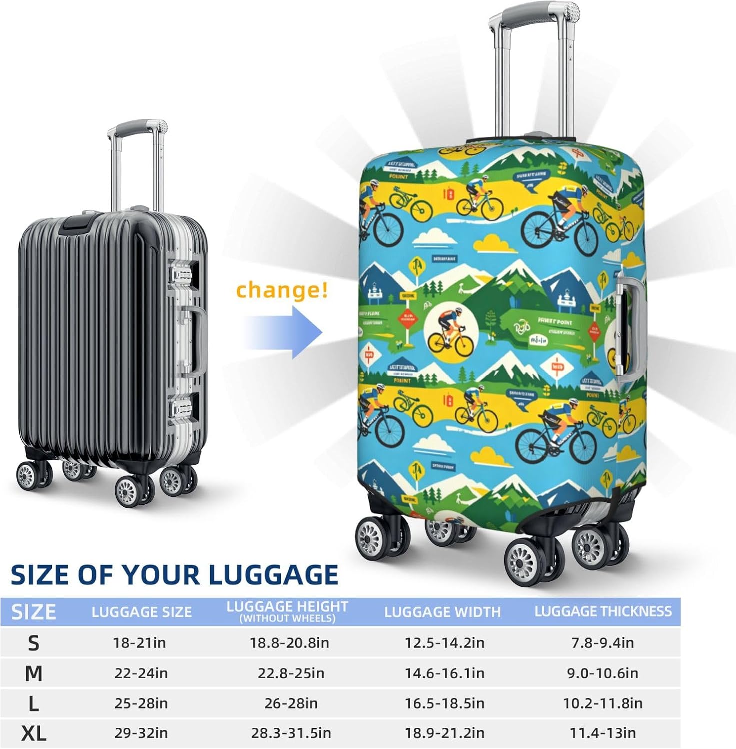 Hill Bikeprint Premium Suitcase Cover | Durable Polyester Elastic Luggage Cover With Zipper & Buckle, Travel Suitcase Protector For Medium Large Bags