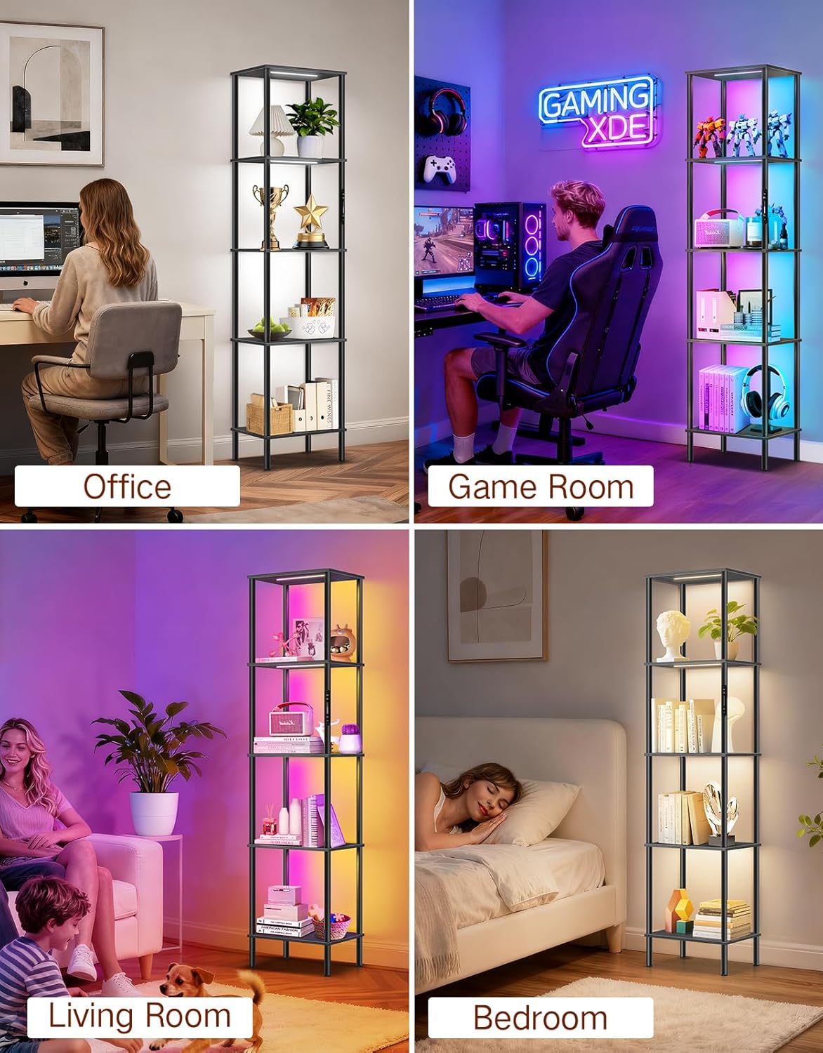 5 Tier Display Shelves with RGB Lights, Display Cabinet with Touch & APP & Remote Control, Dimmable Bookshelf with Music Sync, Adjustable Color Lighting for Living Room, Bedroom(Black)