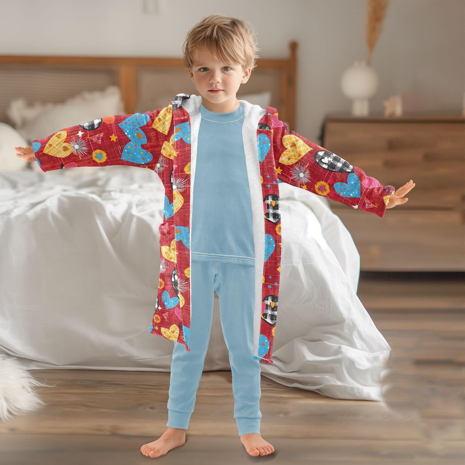 senya Colorful Hearts with Hounds Tooth Toddler Hooded Bathrobe Kids Soft Plush Bath Towel Robes for Boys Girls 2-12 Years
