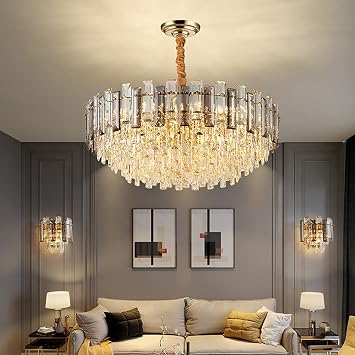 Braiton 31.5 Modern Crystal Chandelier Luxury LED Pendant Light Fixture,K9 Crystal Strip Chandelier Adjustable Height for Villa,Hotel,Living Room, Dining Room,Kitchen Island,Gold