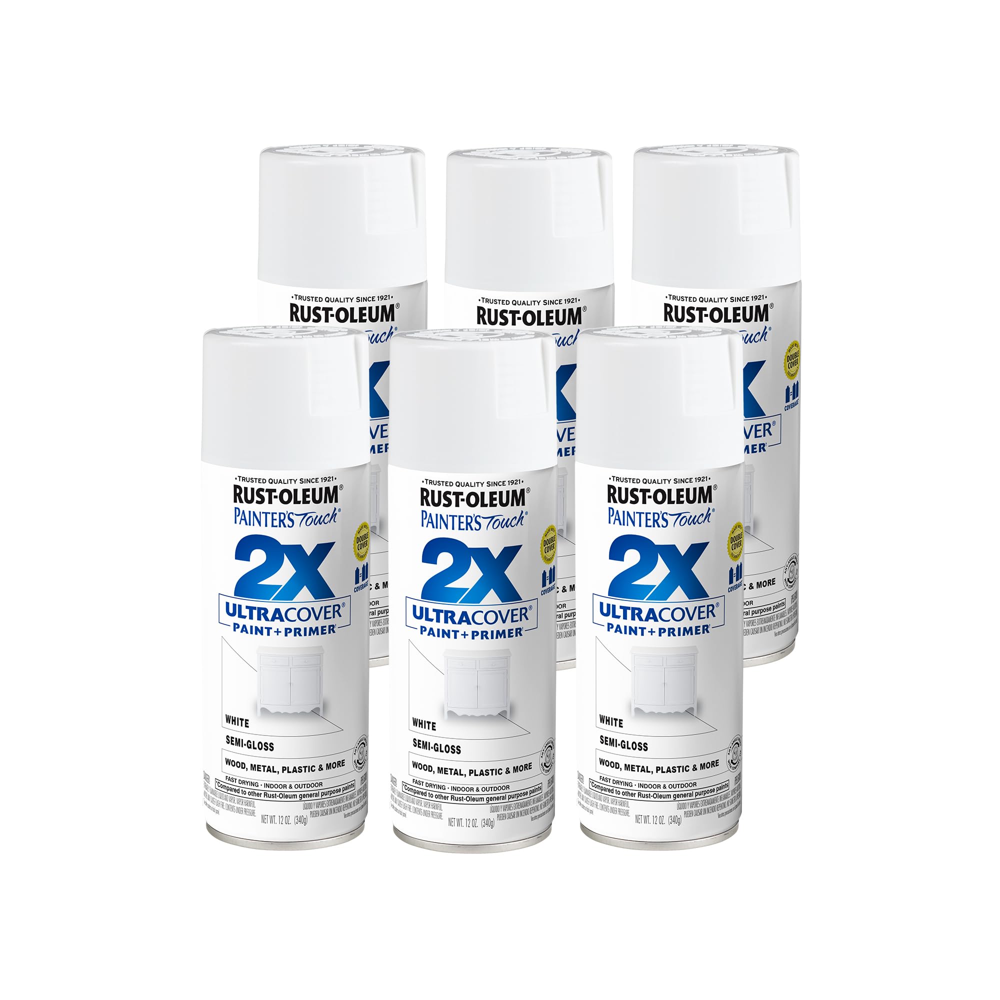 Rust-Oleum 334098-6PK Painter's Touch 2X Ultra Cover Spray Paint, 12 oz, Semi-Gloss White, 6 Pack
