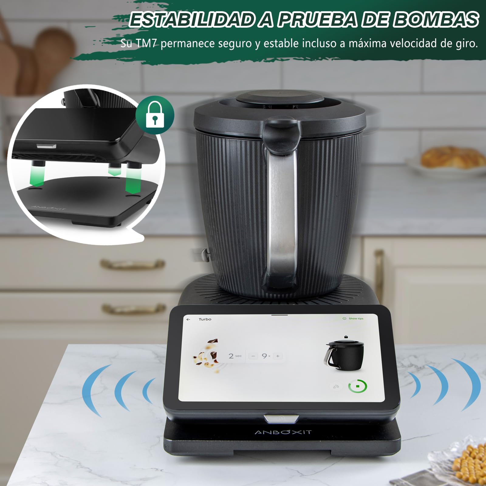 ANBOXIT Tabla Deslizante para Thermomix TM7, Base para Thermomix con Ruedas, Soporte para Bimby,de Bambú - Negro
