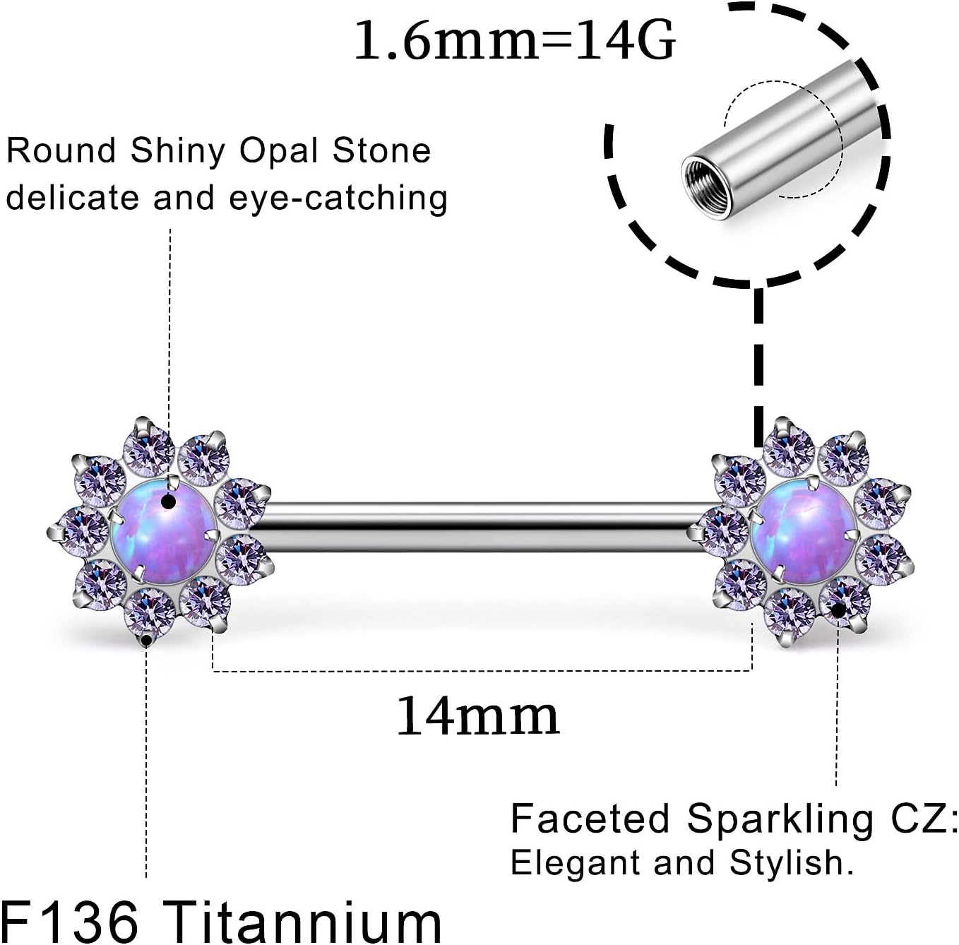 14G ASTM F136 Titanium Nipple Piercing Jewelry Shiny CZ Multicolor Opal Nipple Barbell Jewelry Internally Threaded G23 Solid Nipple Piercing Barbell Ring Jewelry for Women Men 14 Gauge - Image 3