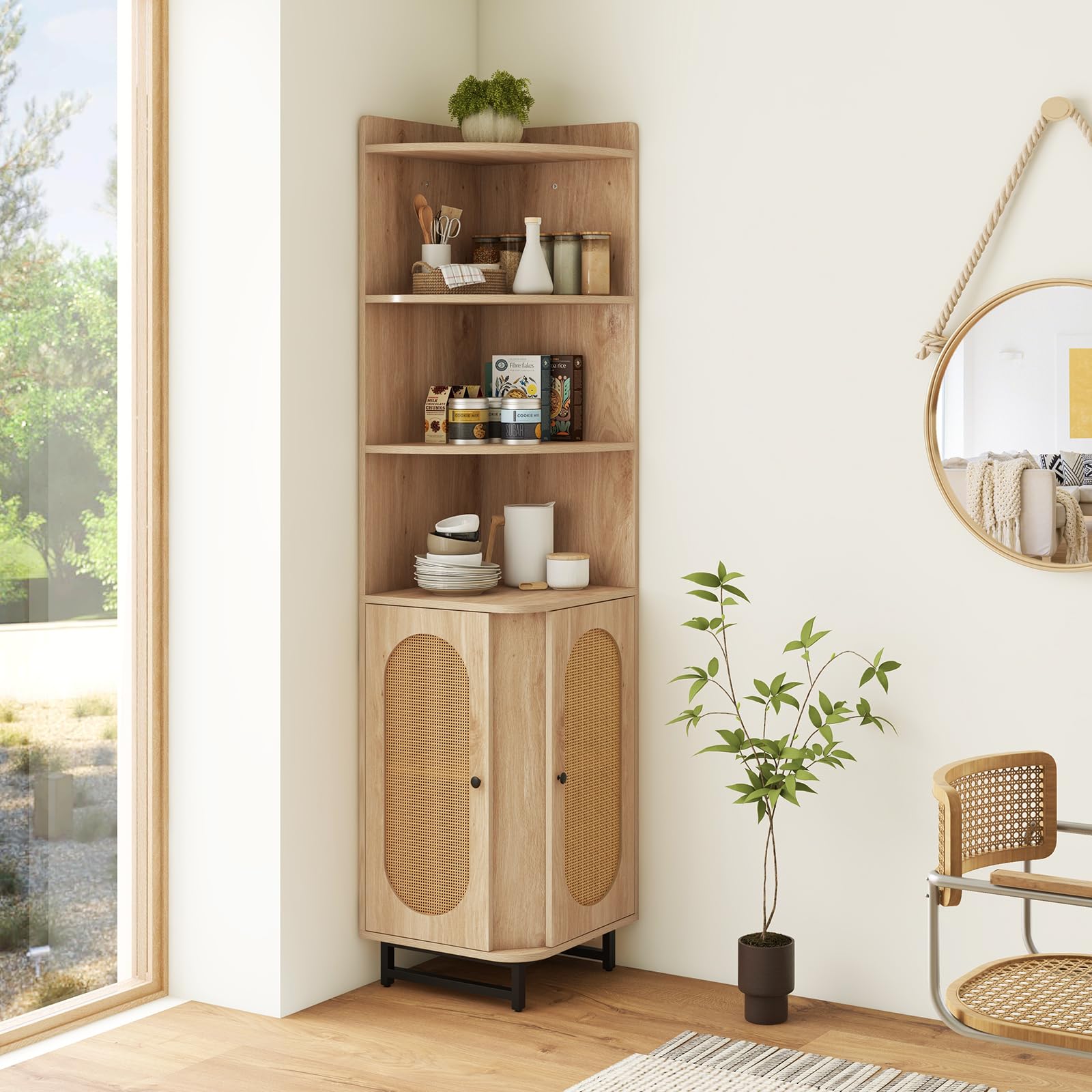 RELAX4LIFE Armadio Angolare Autoportante, Libreria Alta Rustica con 2 Porte in Rattan PE, 4 Mensole Aperte, Dispositivo Anti-ribaltamento, Scaffale Salvaspazio per Soggiorno, Studio, 40 x 40 x 172 cm