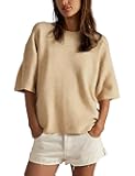 Women Sweater Tee Casual Crewneck Short Sleeve Pullover Top Ribbed Knit Loose Shirt(Khaki-L)