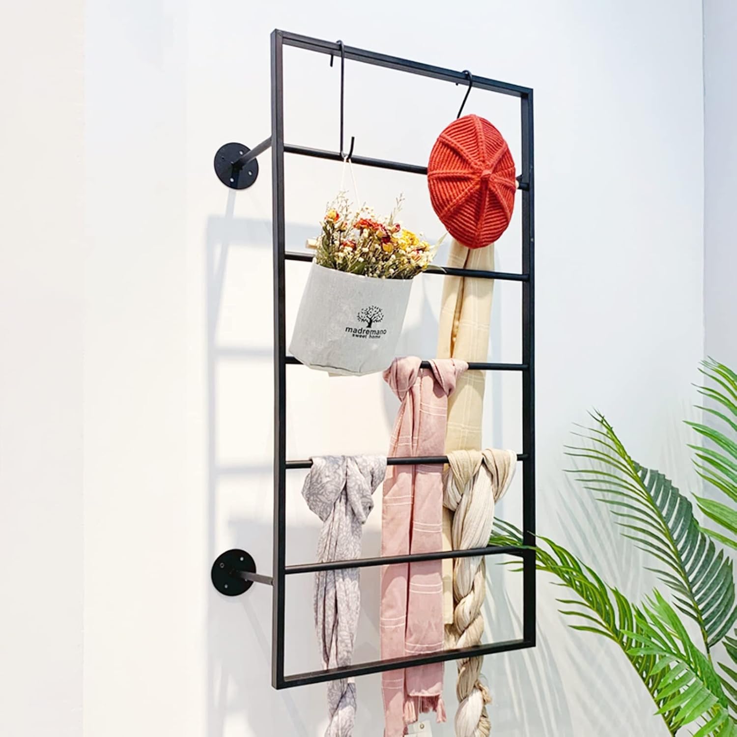Black Metal Wall-Mount Scarf Storage Organizer Rack with 7 Rods, Home Office Space Saving, for Towel/Handbag/Hat/Pashmina