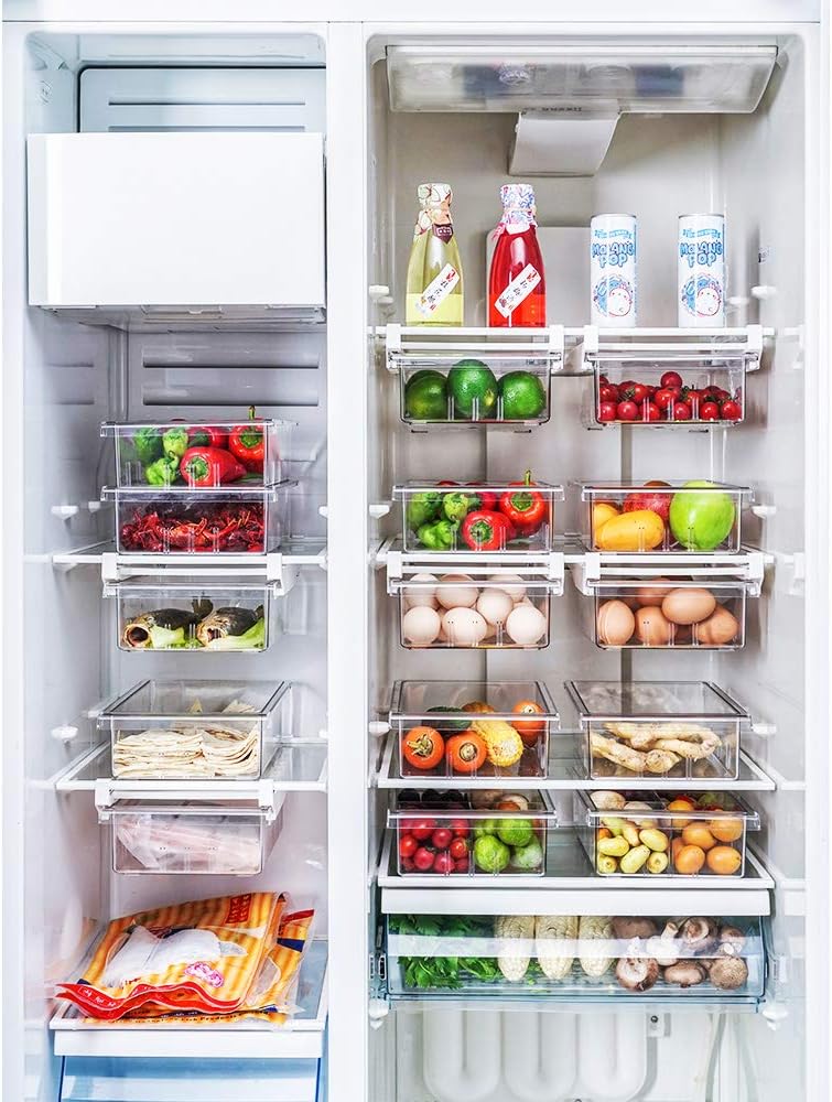 iBesi 2 Pack Refrigerator Organizer Bins, Pull-out Fridge Storage Drawer Design, Freely Pullable Storage Box with 4 Divided Sections, Fit for Fridge Shelf Under 0.6"