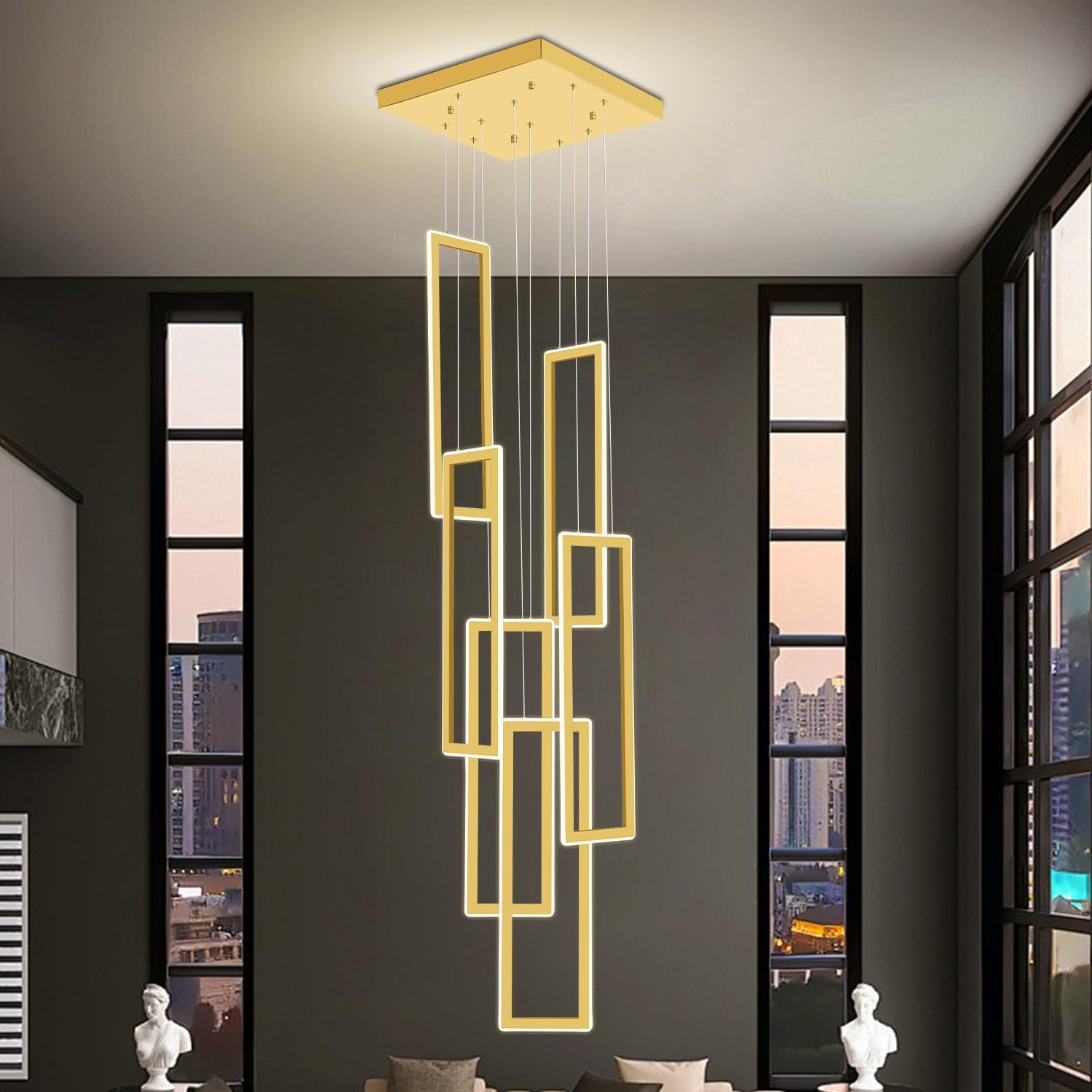 Gold 6 Ring Chandelier Foyer High Ceiling Chandelier Large Contemporary Led Rectangle Chandeliers for Staircase Villa